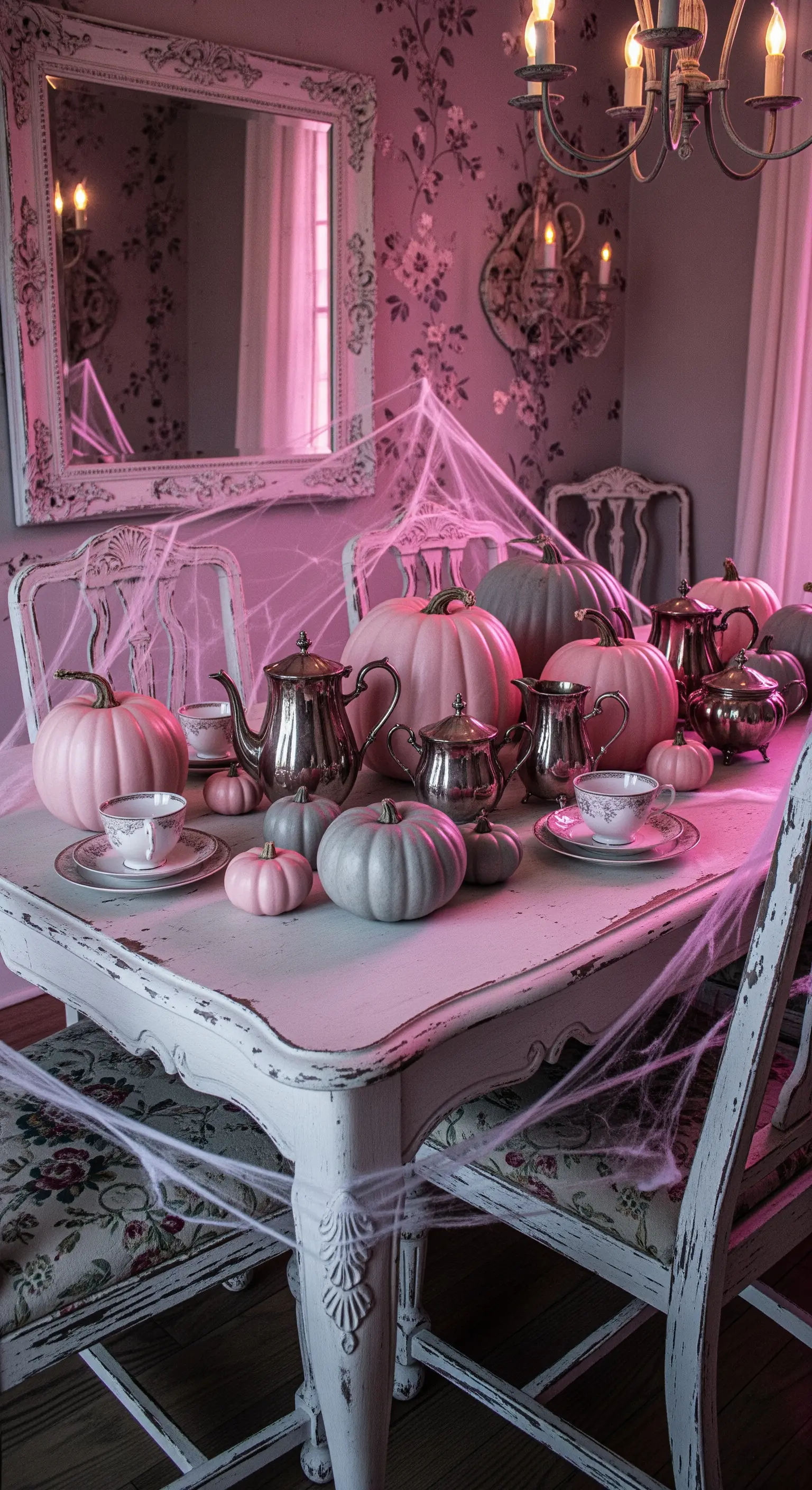 Shabby Chic Halloween Tischdeko in Pastellrosa mit Kürbissen und Spinnweben