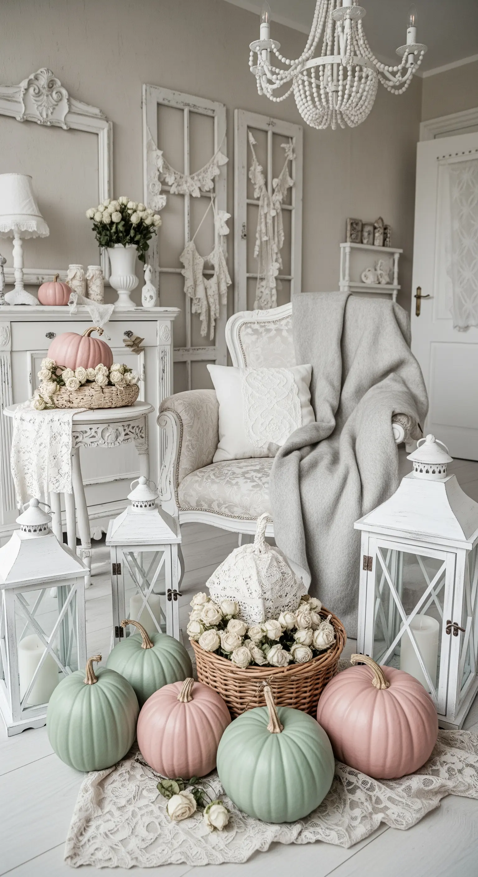 Shabby Chic Wohnzimmer mit pastellfarbenen Kürbissen, weißen Laternen und Rosen