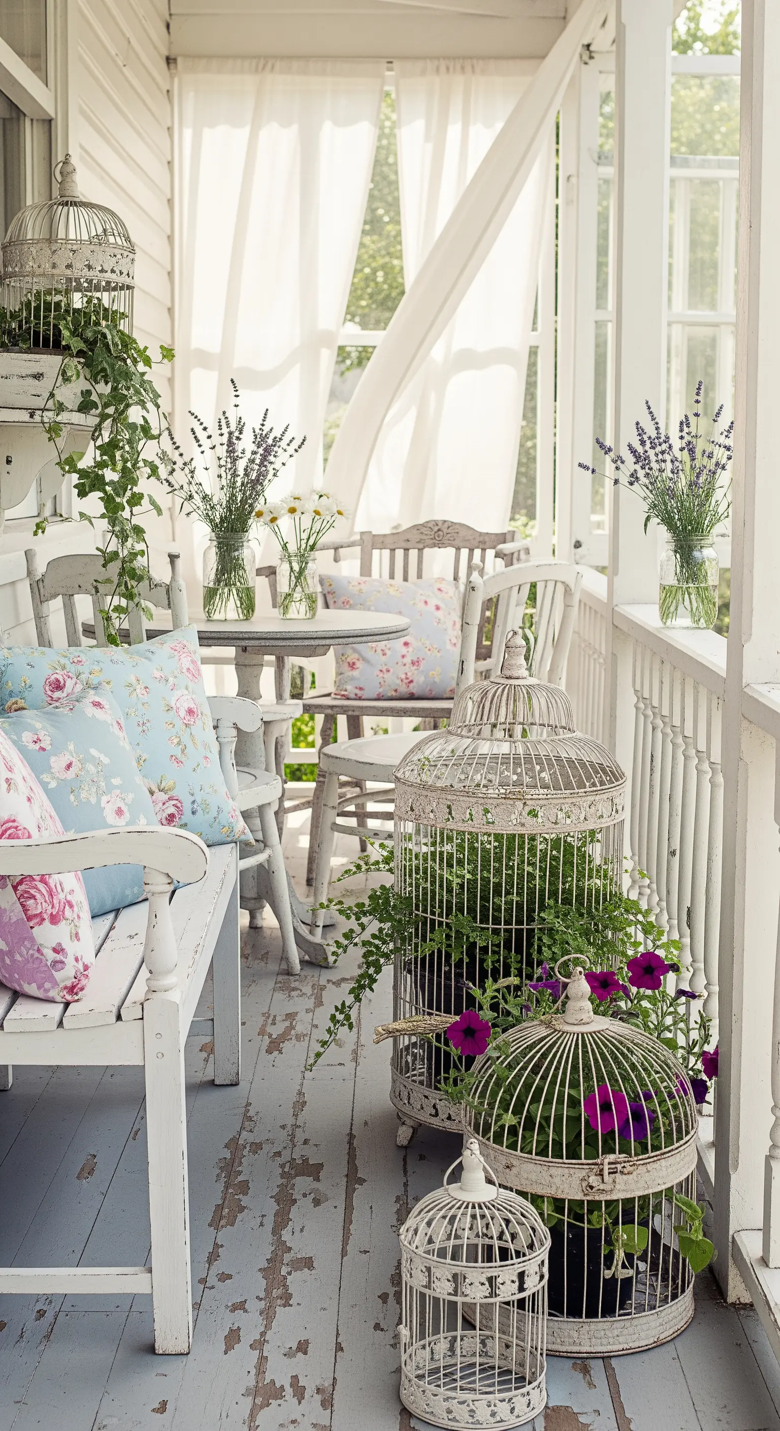 Shabby Chic Veranda mit weißen Möbeln, Vogelkäfig-Pflanzern und floralen Kissen