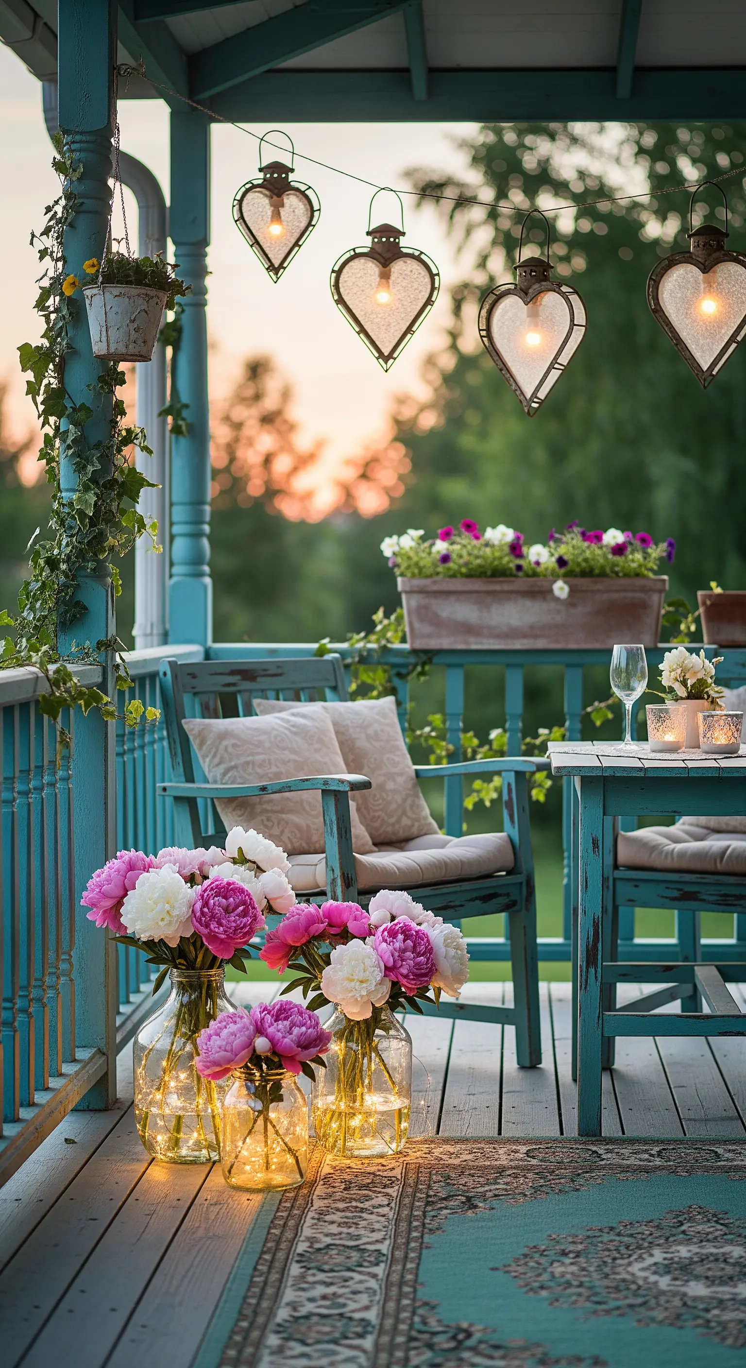 Shabby-Chic-Veranda mit türkisen Möbeln, Pfingstrosen, herzförmigen Laternen