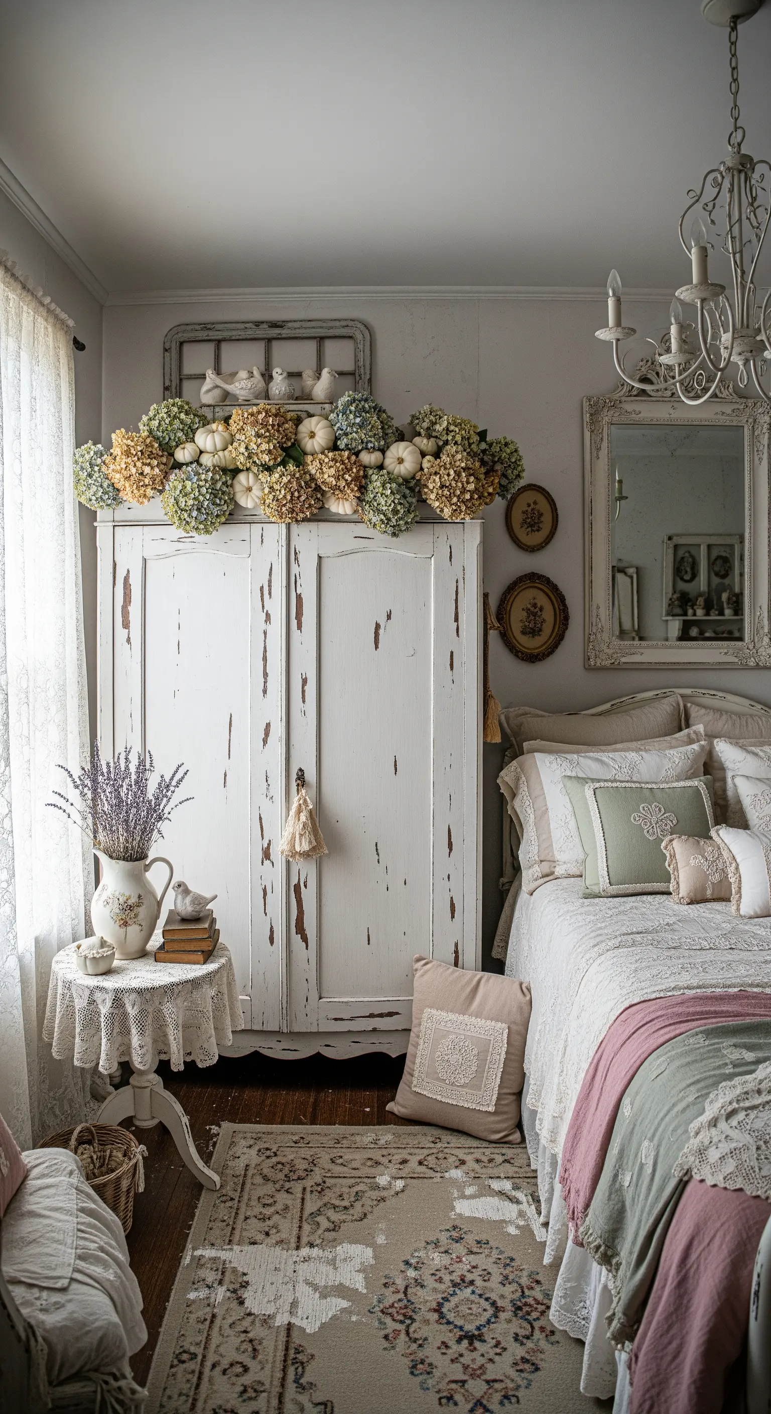 Shabby Chic Schlafzimmer mit Hortensien-Kürbis-Girlande auf Vintage-Schrank