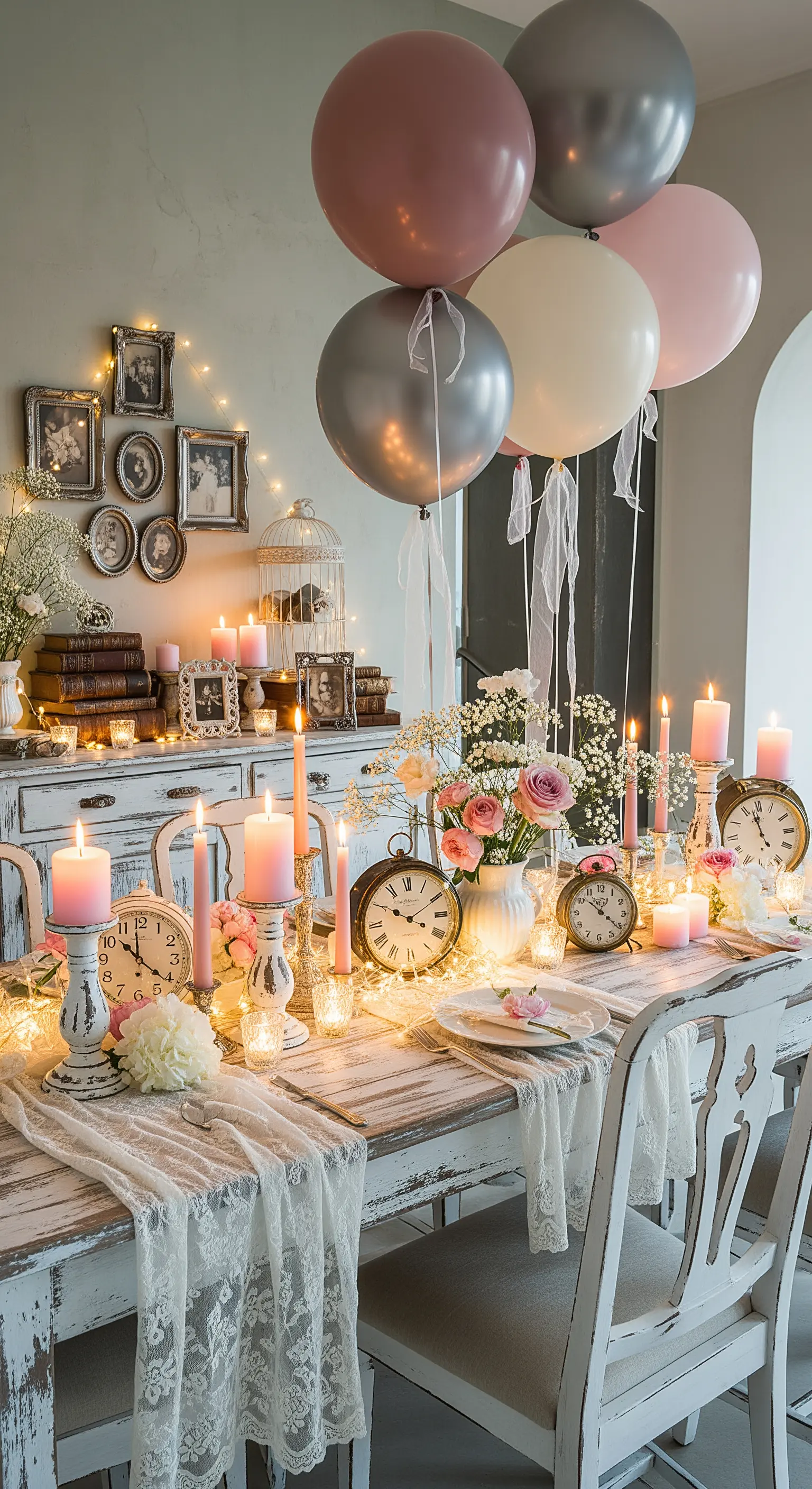 Shabby-Chic-Tisch mit rosa Kerzen, Lichterketten, Vintage-Uhren, Ballons und Bilderrahmen.