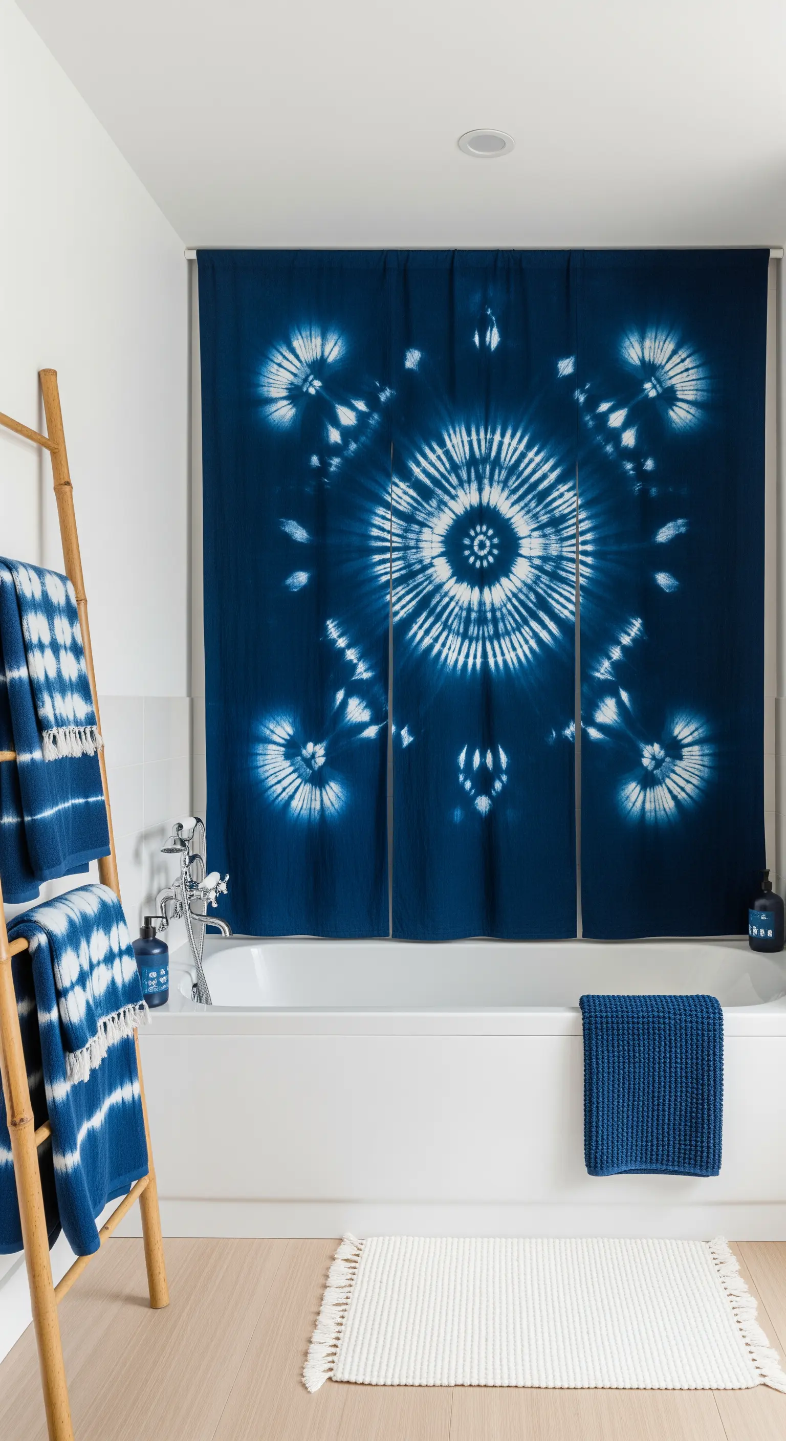 Badezimmer mit einem Duschvorhang und Handtüchern im japanischen Shibori-Färbestil in Indigoblau.