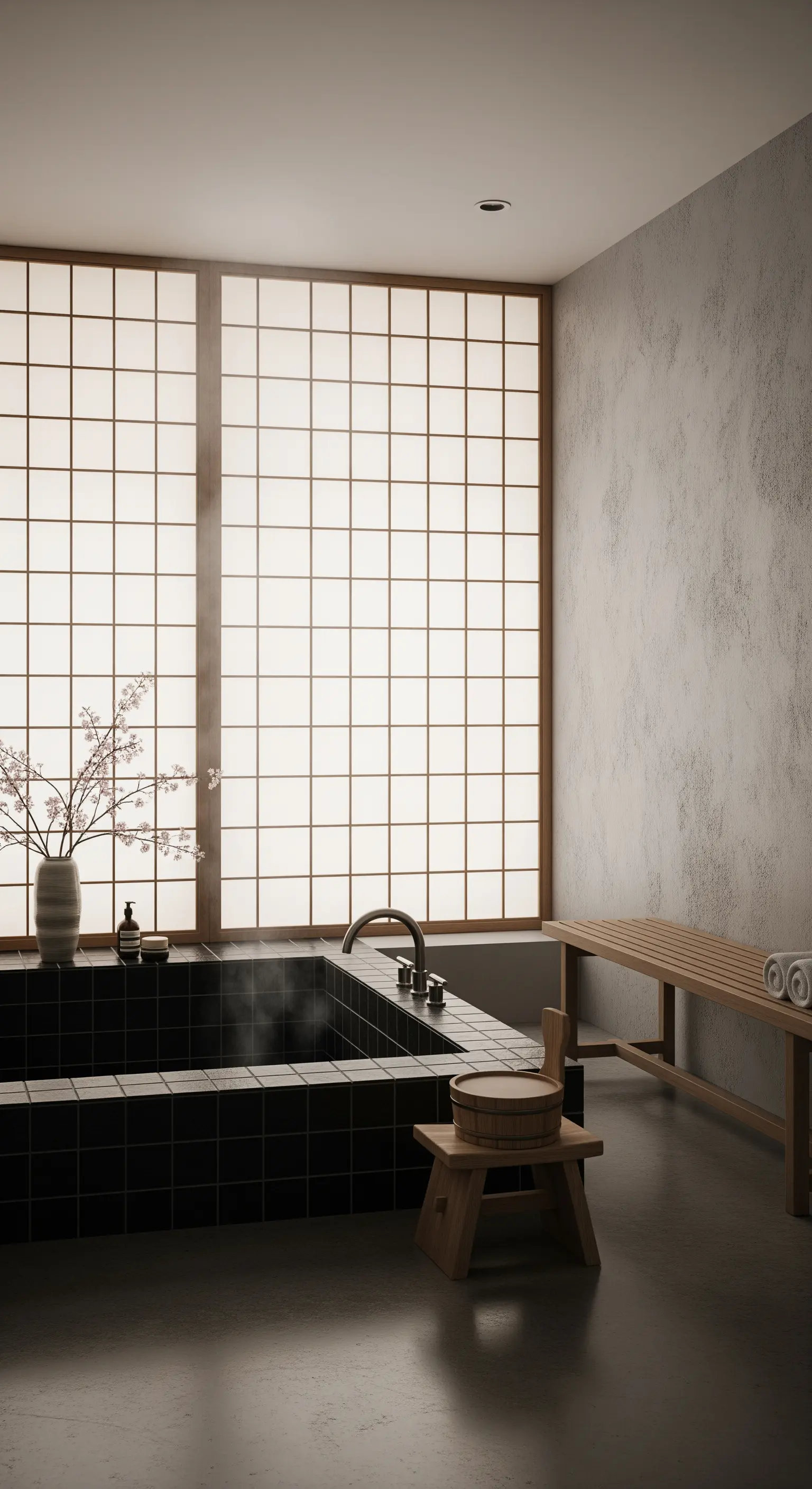 Minimalistisches Bad mit schwarzer Einbauwanne und einer lichtdurchlässigen japanischen Shoji-Wand.