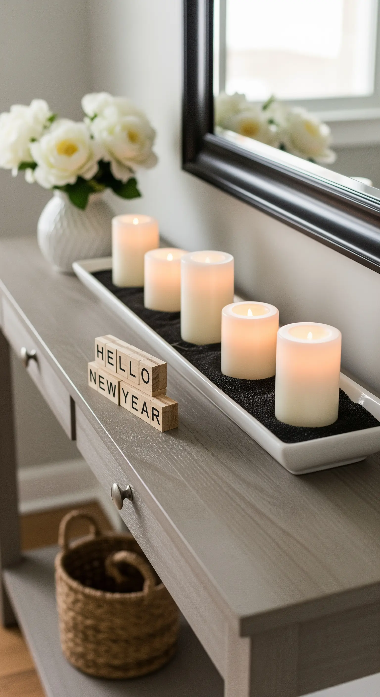 LED-Kerzen in einem weißen Tablett mit schwarzem Sand als Dekoration für eine Konsole.