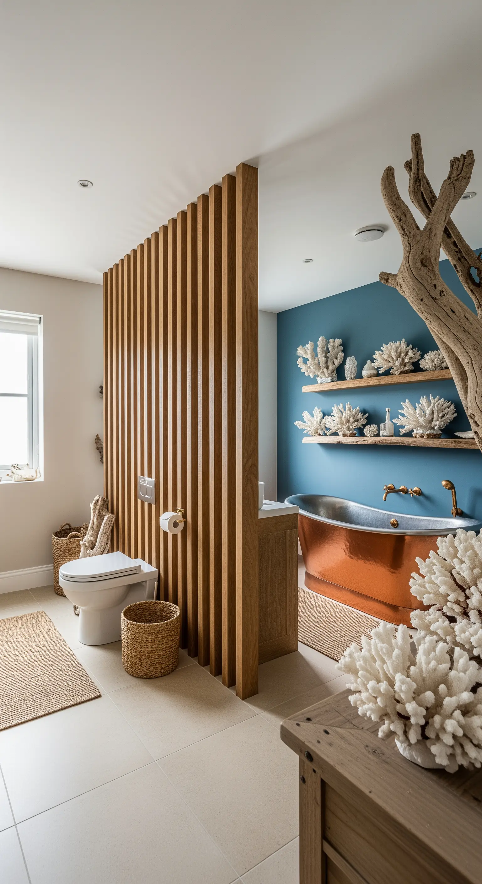 Badezimmer mit Holzlamellen-Sichtschutz, türkiser Wand, Korallenregalen und Kupferbadewanne.