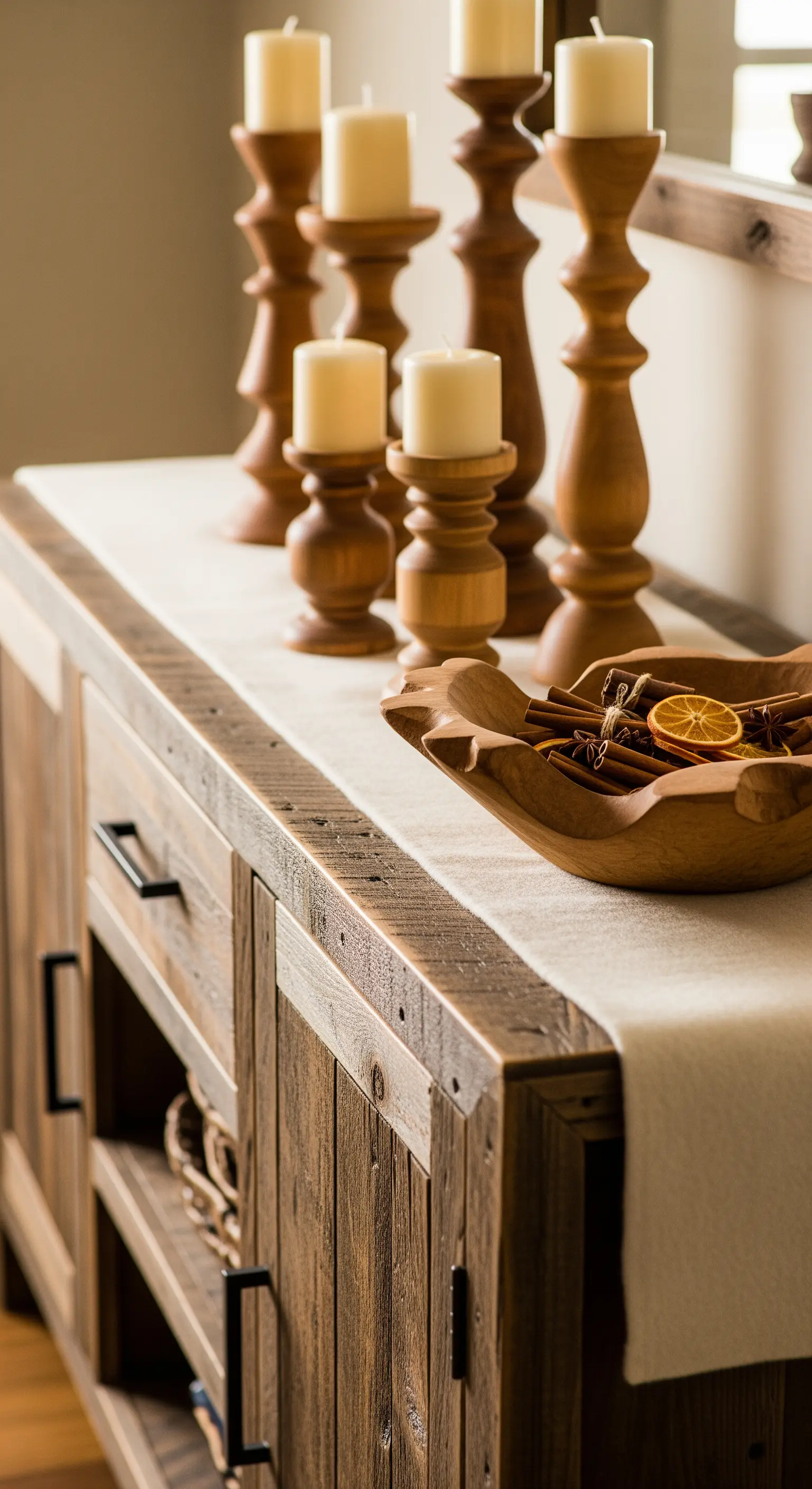 Sideboard, Holzlaufer, Kerzenständer, Gewürzschale