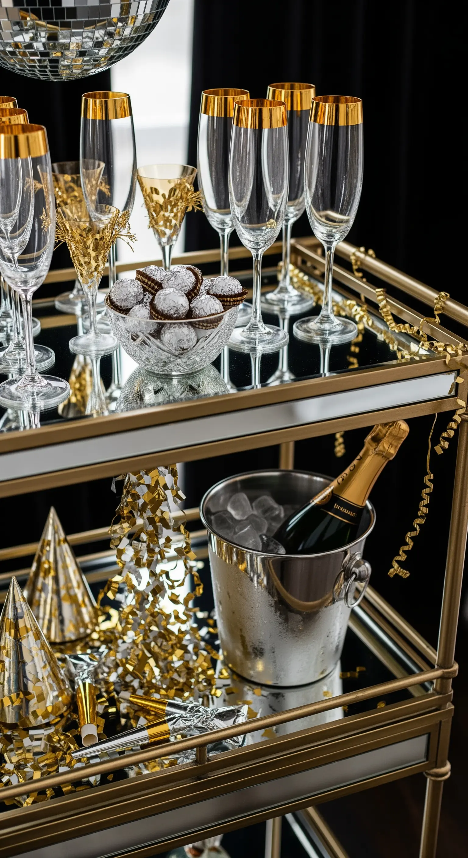 Goldener Barwagen als Silvester-Etagere mit Champagner, Gläsern und Konfetti