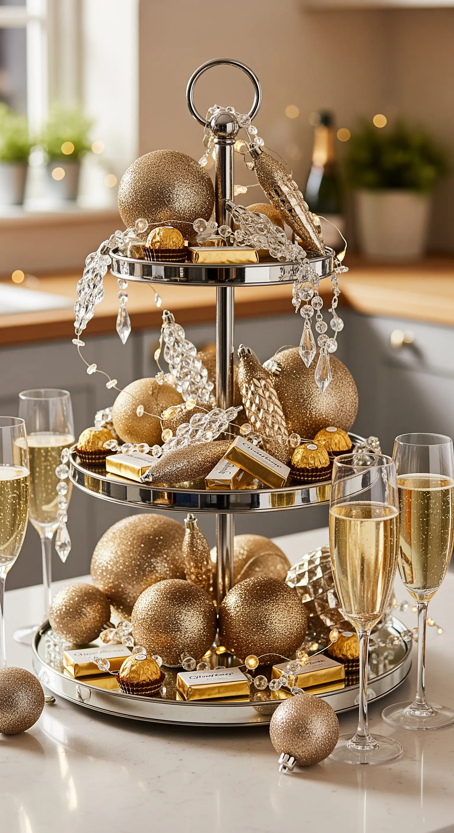 Silberne Etagere mit goldenen Kugeln, Pralinen und Kristallgirlanden für Silvester.