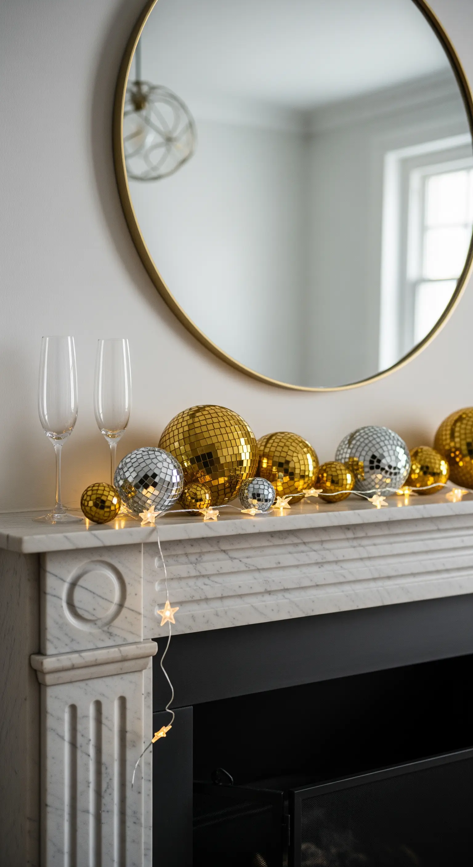 Festliche Silvesterdeko mit goldenen und silbernen Discokugeln, Lichterketten und Sektgläsern.