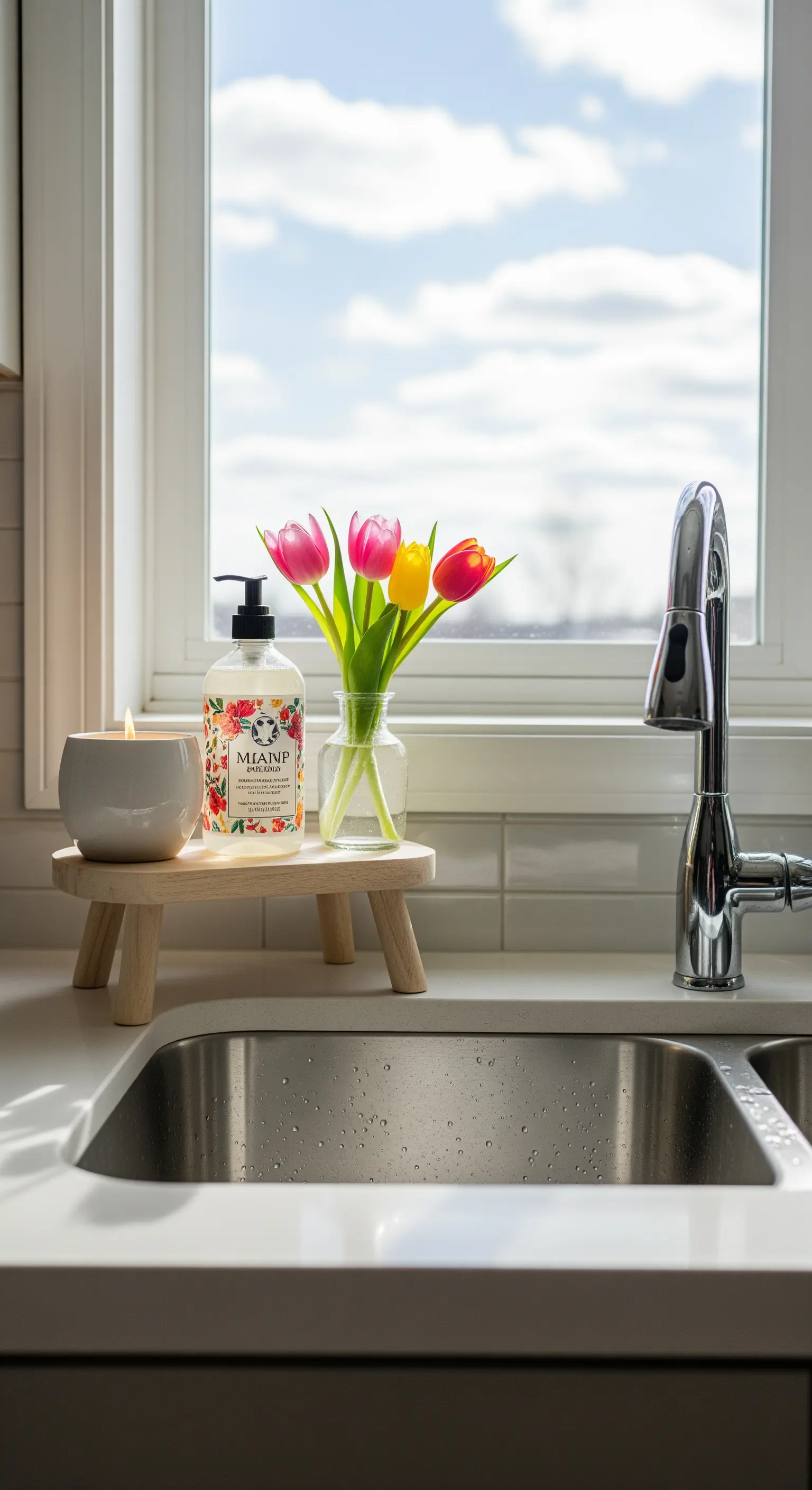 Kleine Vase mit bunten Tulpen, Seife und Kerze auf Holzpodest am Spülbecken