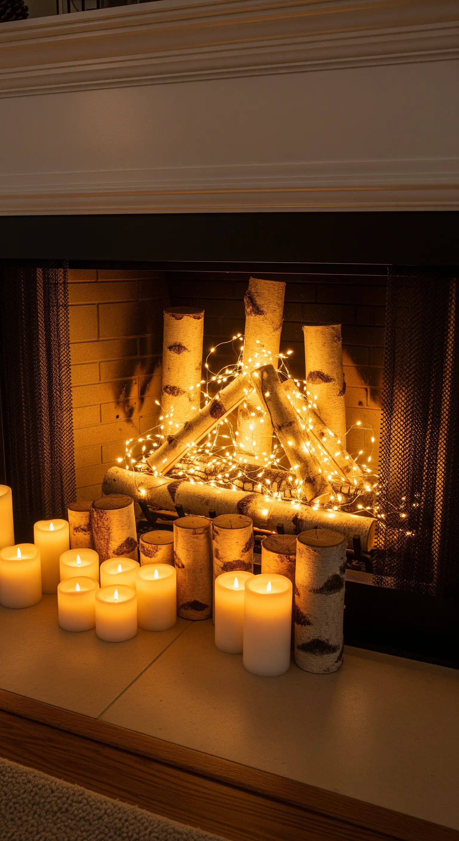Nicht genutzter Kamin, gefüllt mit Birkenholzscheiten und Lichterketten sowie LED-Kerzen.