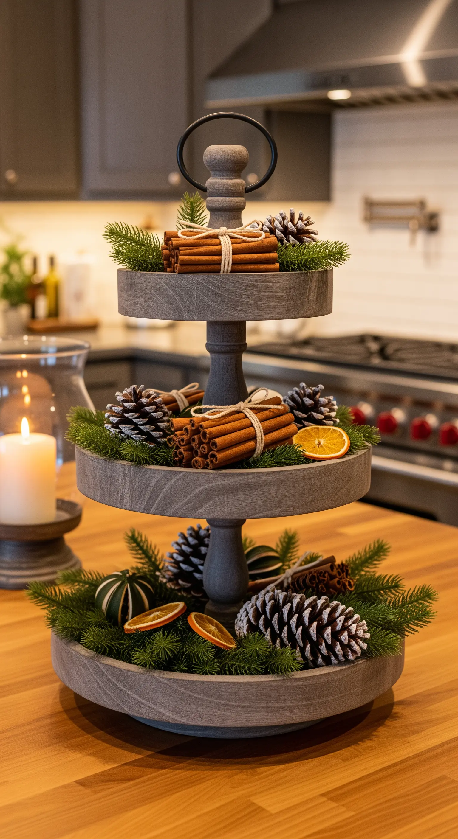 Rustikale Holz-Etagere mit Zimtstangen, Tannenzapfen und getrockneten Orangenscheiben.