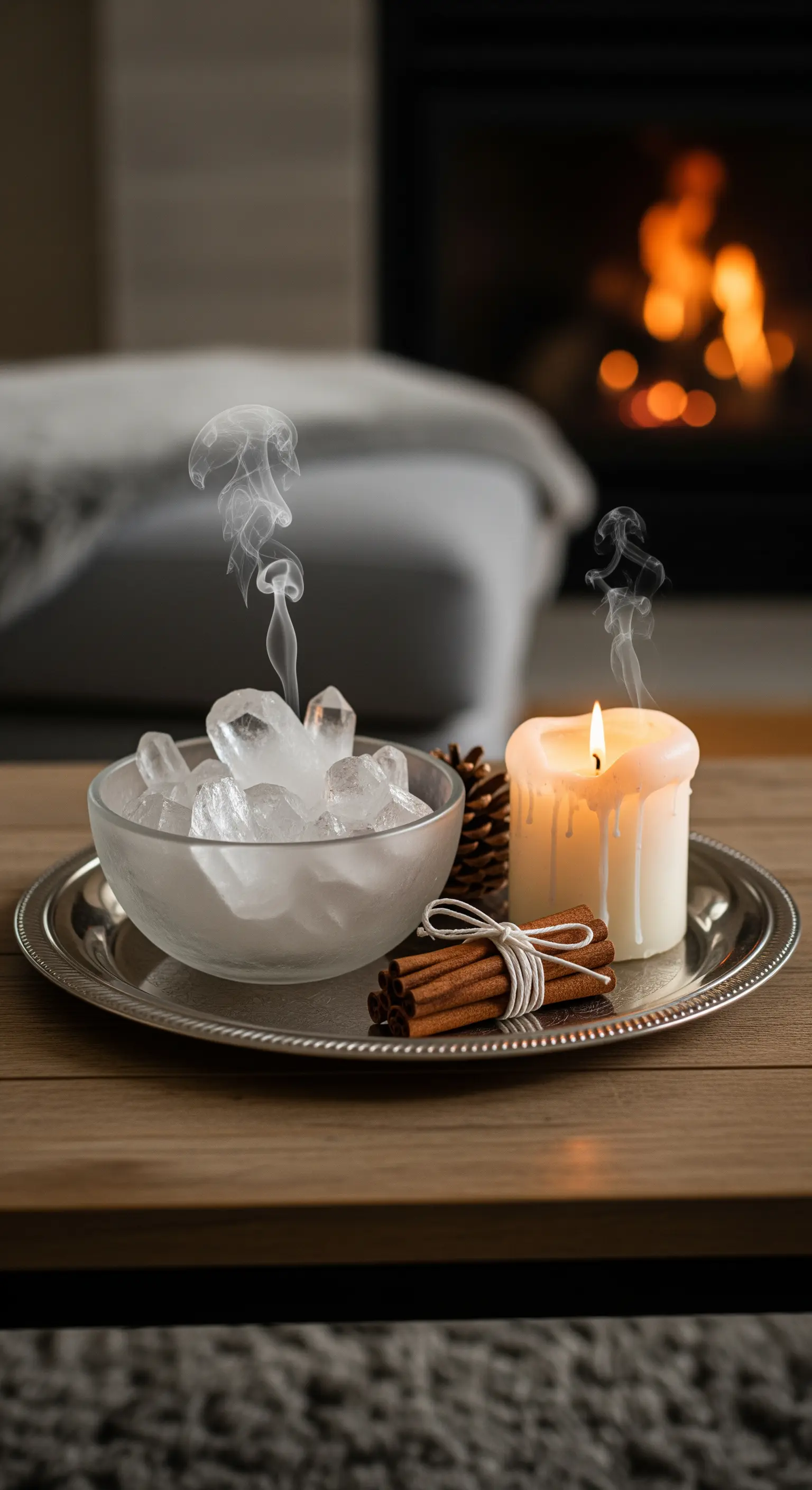 Couchtischdeko mit Eisschale, Kerze, Zimtstangen und Tannenzapfen auf Silbertablett.