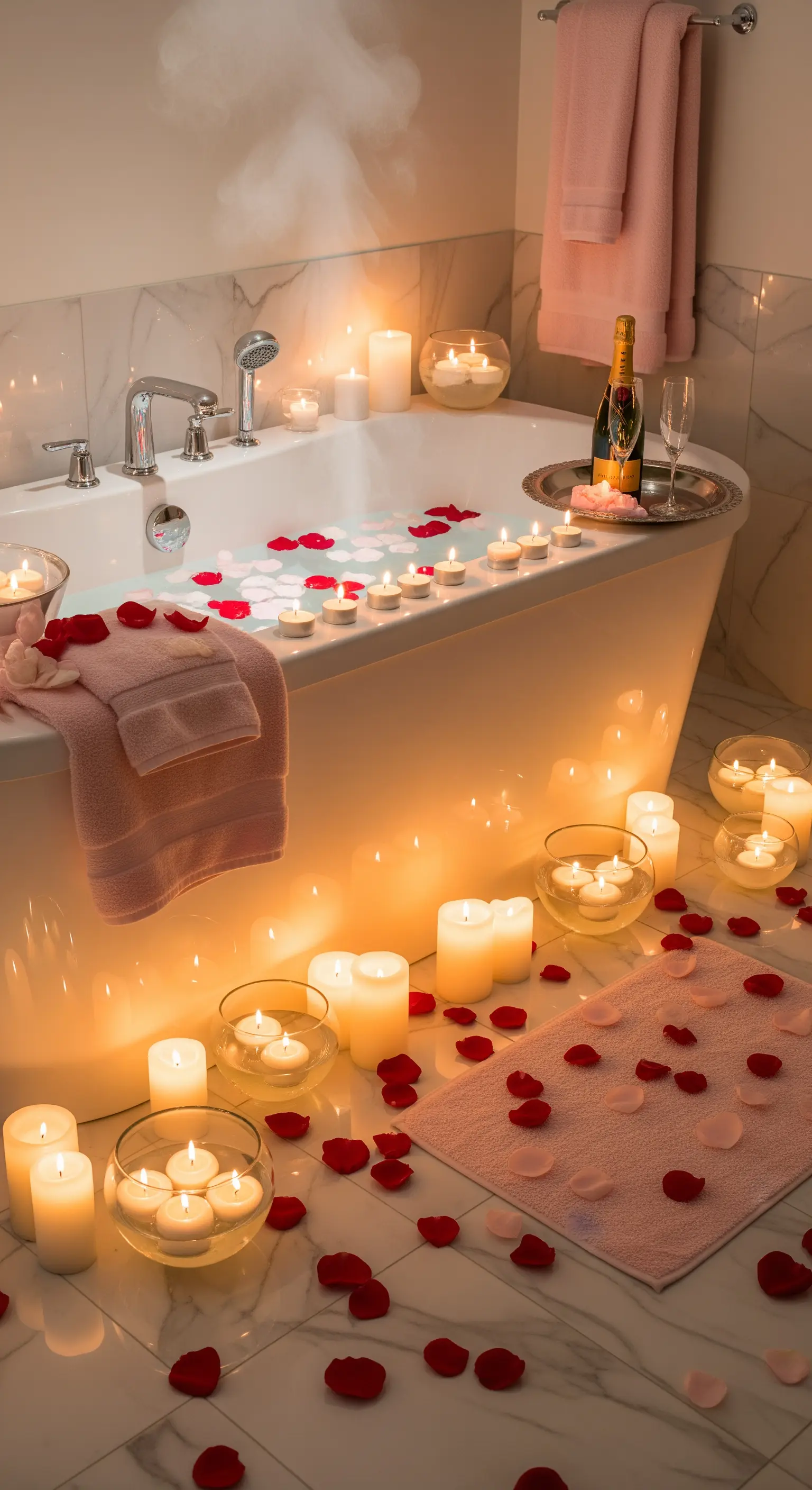Badezimmer mit Kerzen, Rosenblättern und Champagner am Badewannenrand