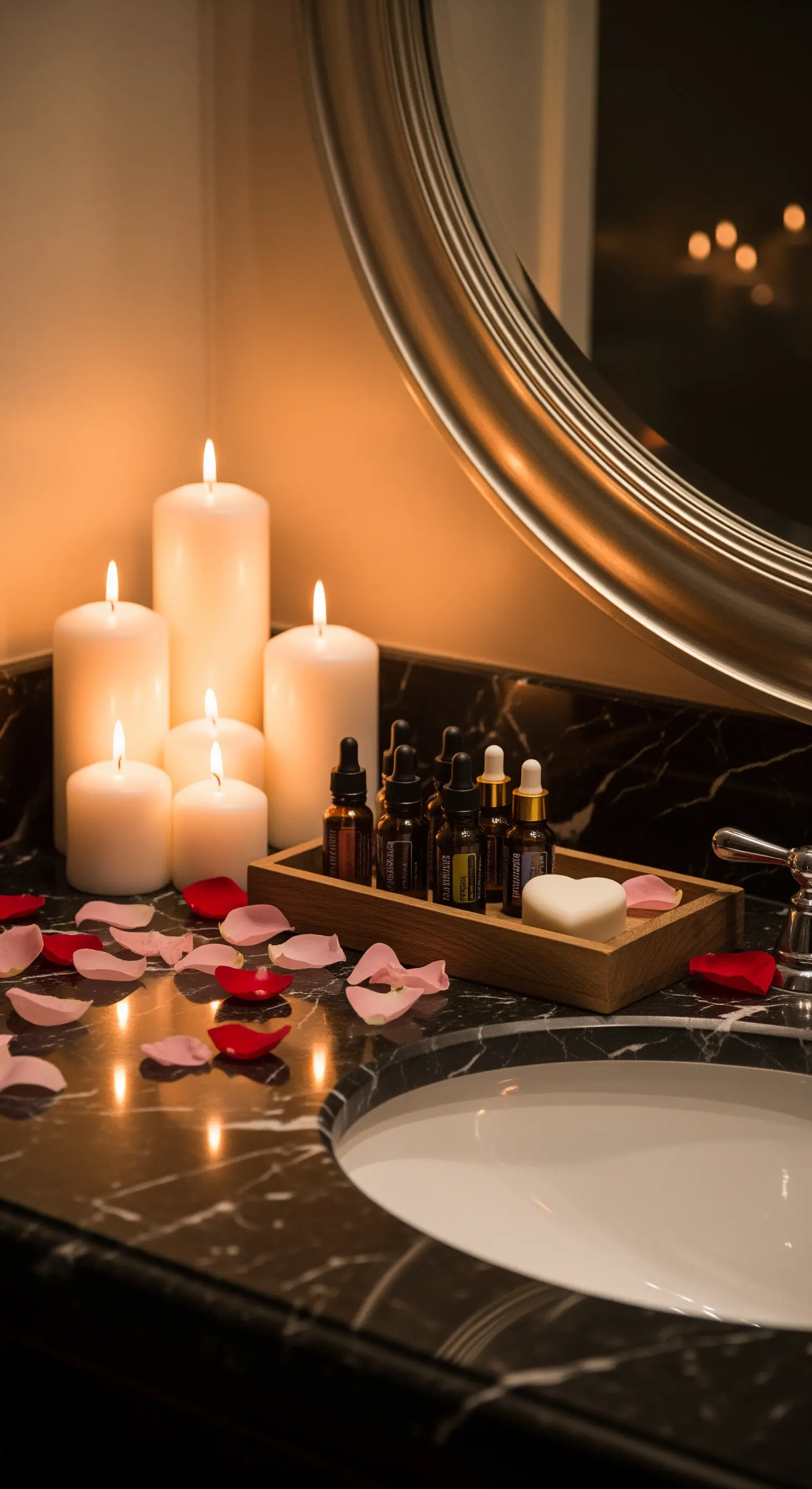 Badezimmer-Waschtisch mit weißen Kerzen, Rosenblättern und Pflegeprodukten