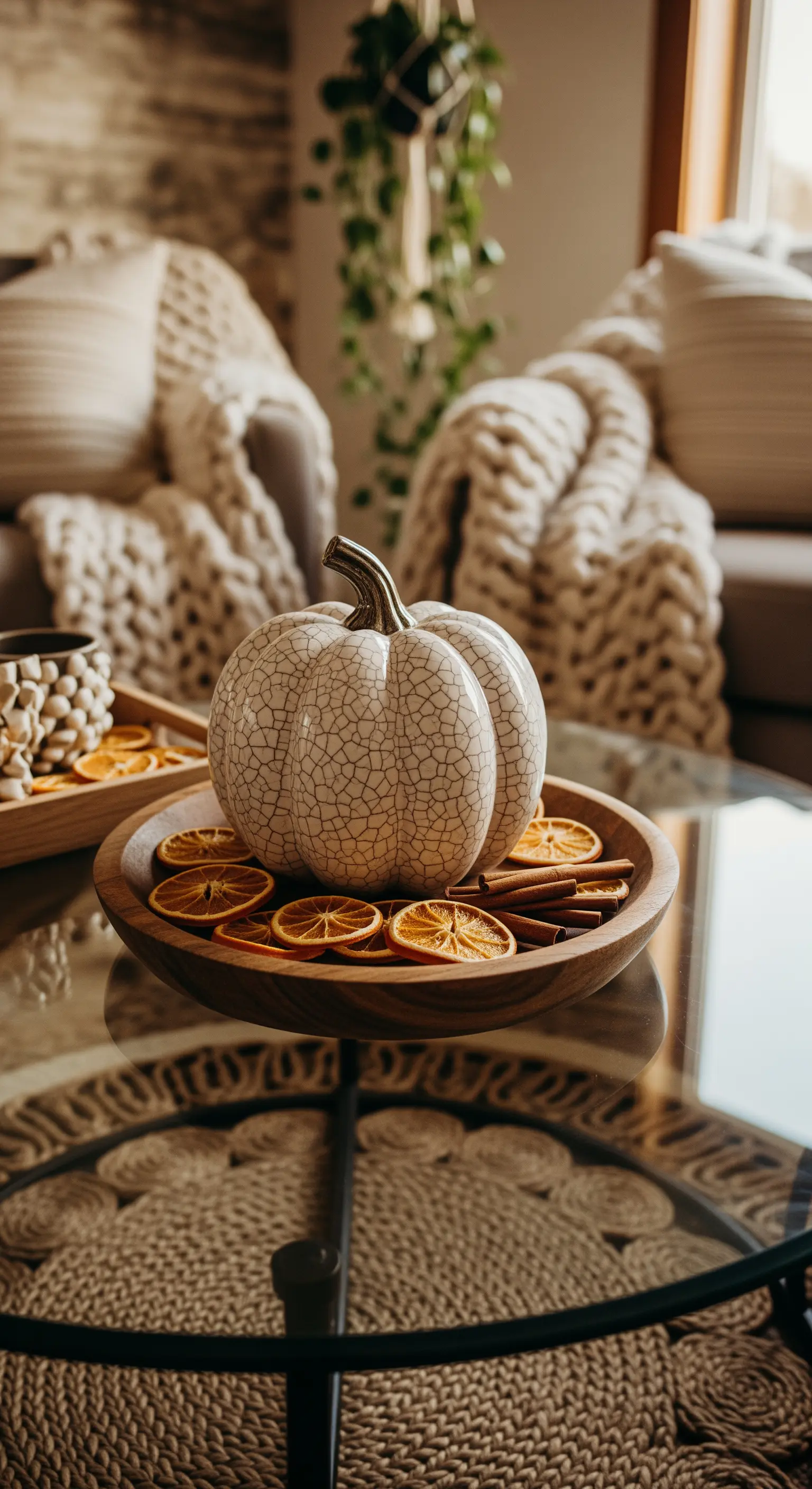 Couchtisch mit Holzschale, Craquelé-Kürbis, getrockneten Orangenscheiben und Zimtstangen.