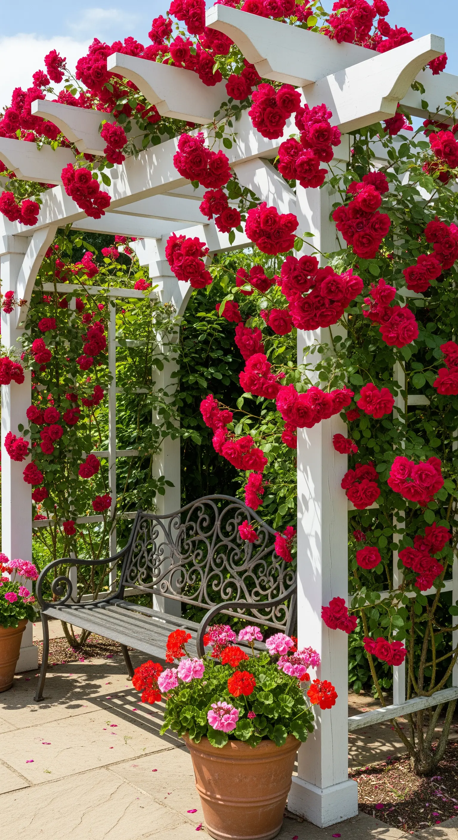 Weiße Pergola mit roten Kletterrosen und einer eleganten Metallbank, eingerahmt von Geranien