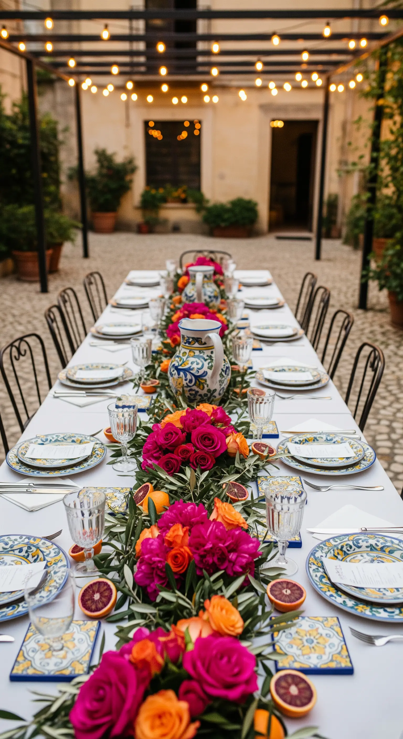 Lange Tafel mit pinken und orangen Rosen, Blutorangen und blau-weißer Keramik