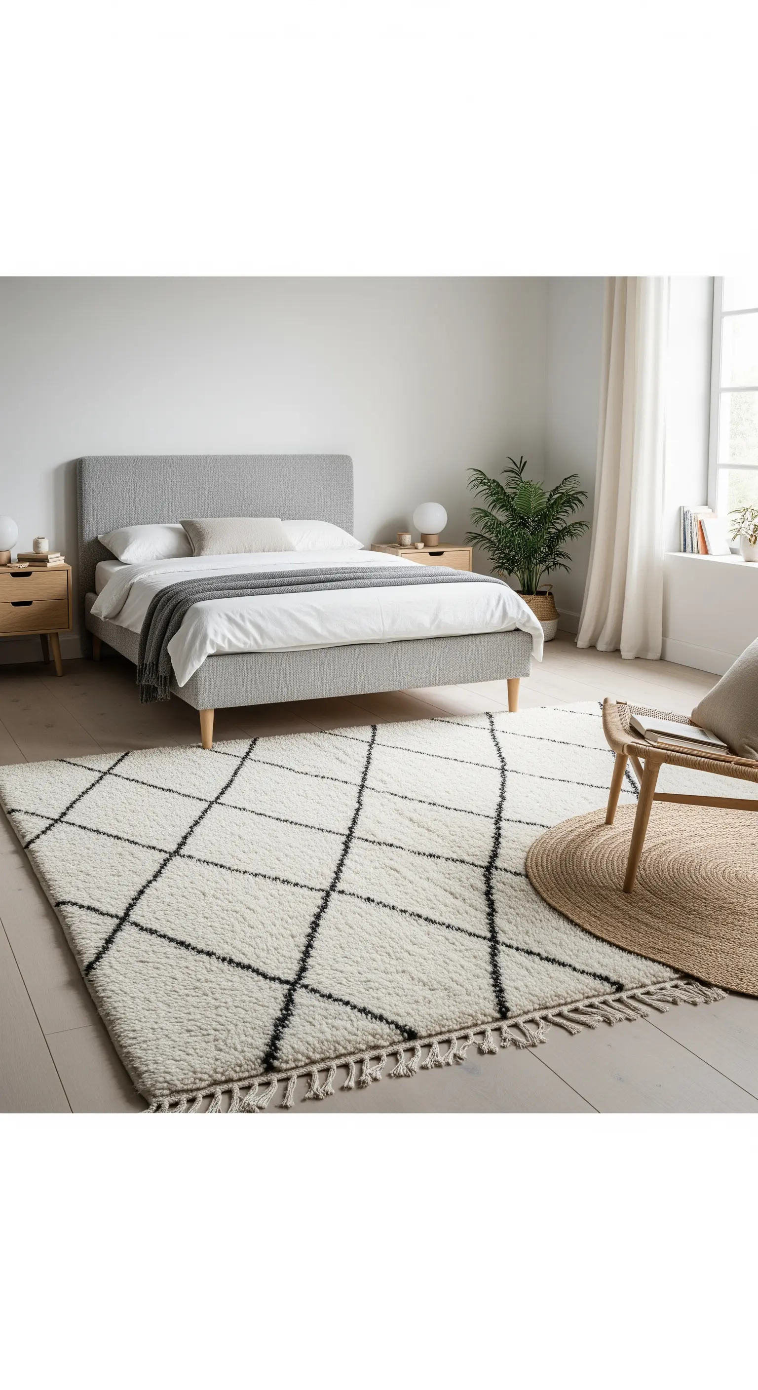 Helles Scandi-Boho-Schlafzimmer mit Berber-Teppich und einem kleineren, runden Jute-Teppich