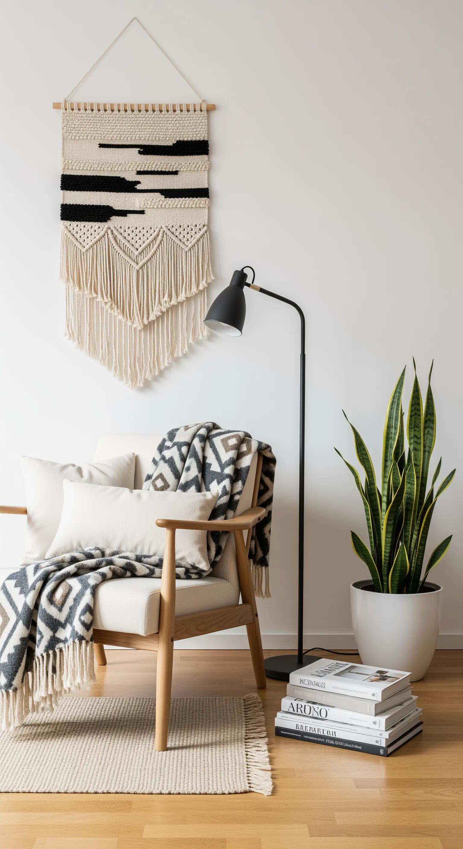 Moderne Leseecke mit hellem Sessel, Makramee-Wandbehang und minimalistischer Stehlampe.