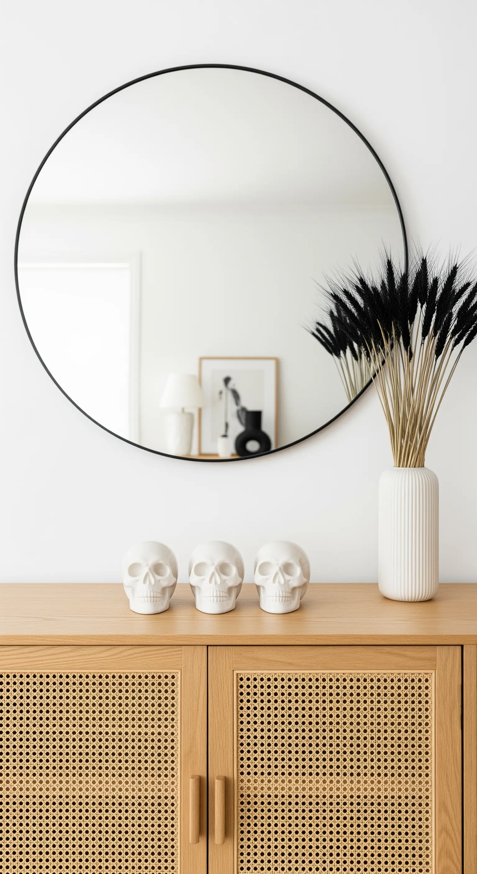 Konsole mit runden Spiegel, weißen Keramikschädeln und schwarzem Trockengras in Vase.