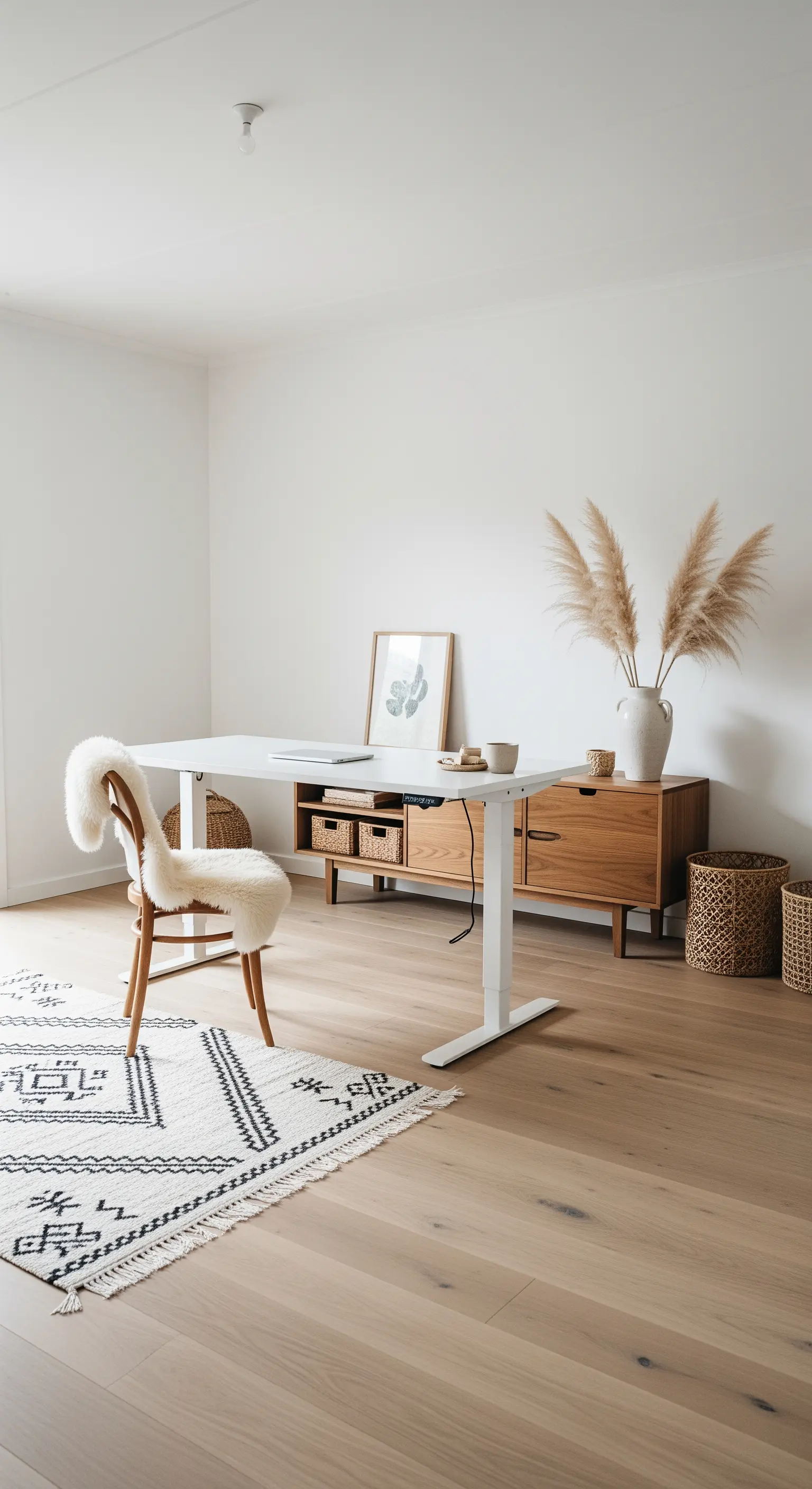 Minimalistisches Boho-Homeoffice mit weißem Schreibtisch, Berberteppich und Pampasgras.