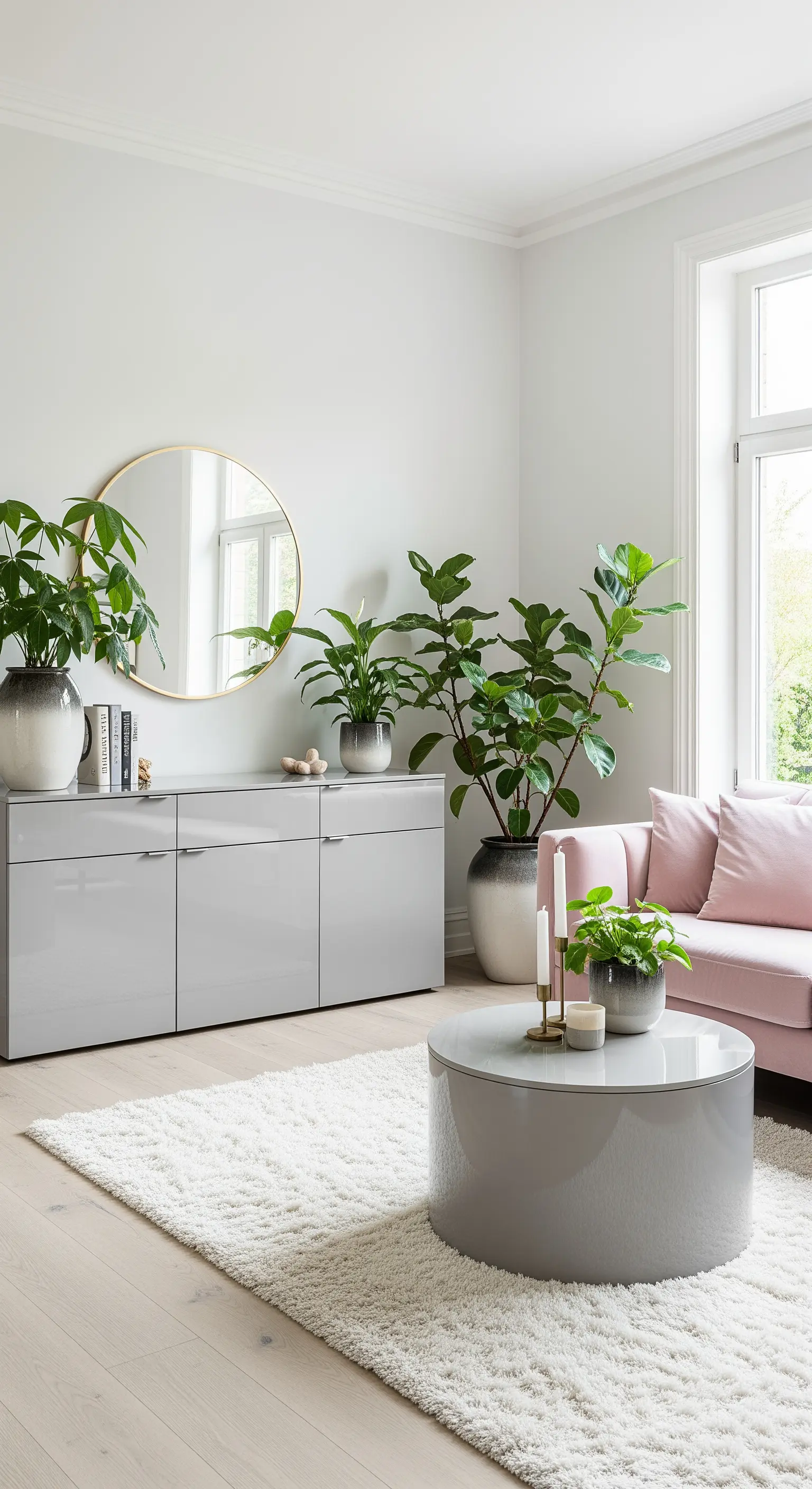 Hellgraue Hochglanzmöbel mit einem rosa Sofa, vielen Zimmerpflanzen und einem weißen Hochflorteppich.
