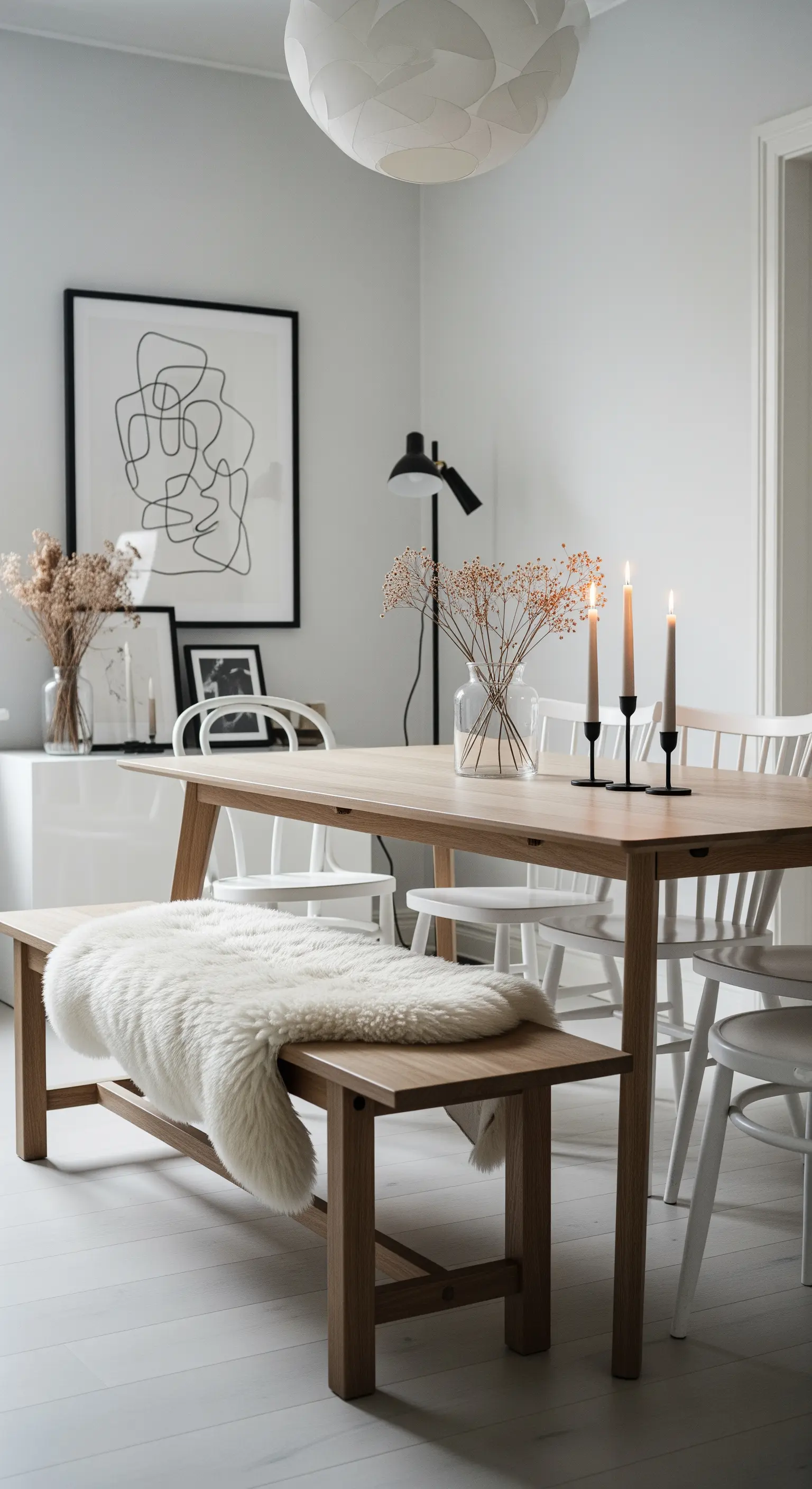 Heller Esstisch mit Holzbank, auf der ein weißes Schaffell liegt.