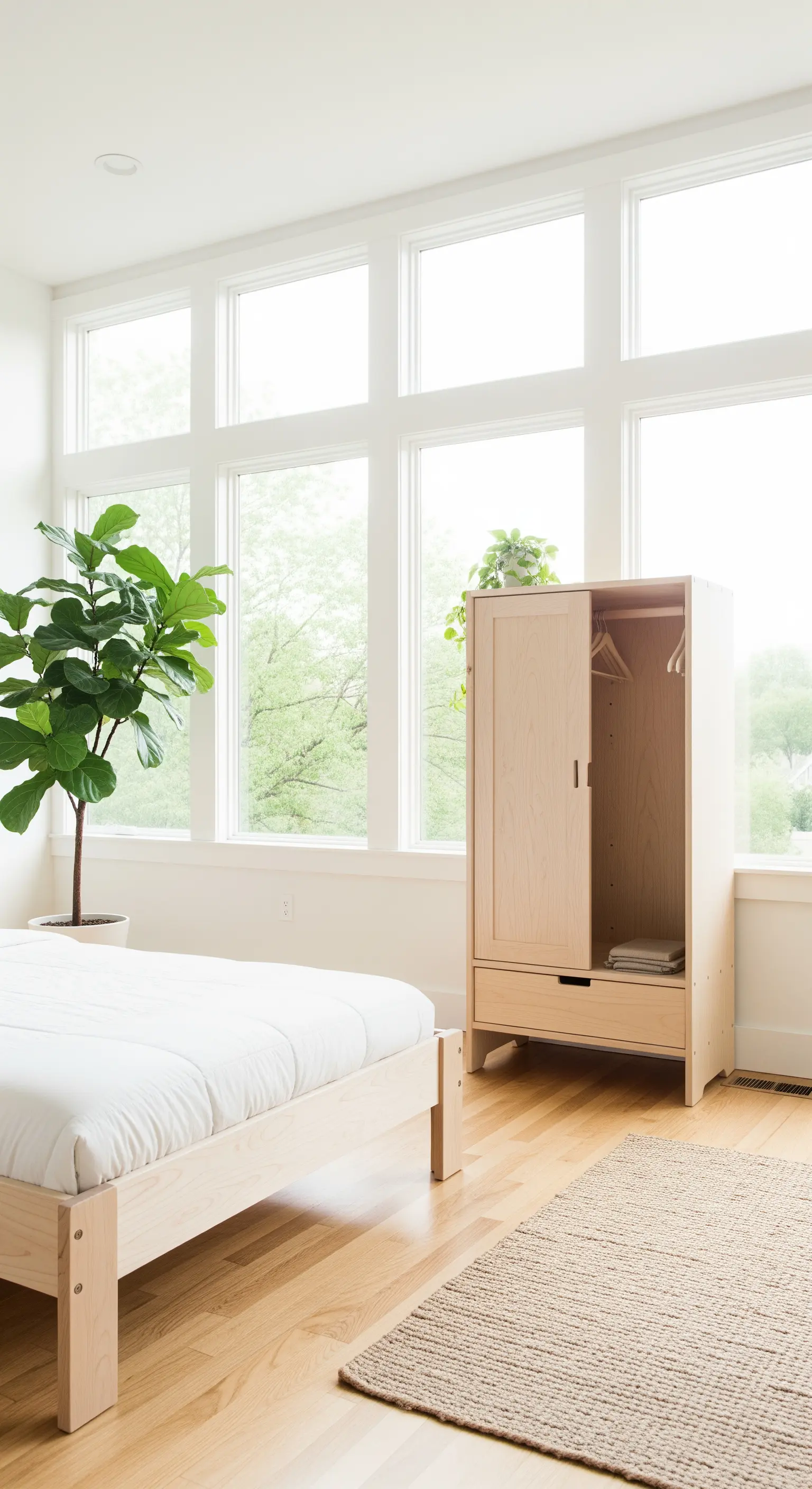 Helles Kinderzimmer im Skandi-Stil mit Möbeln aus hellem Holz und einer großen Pflanze.