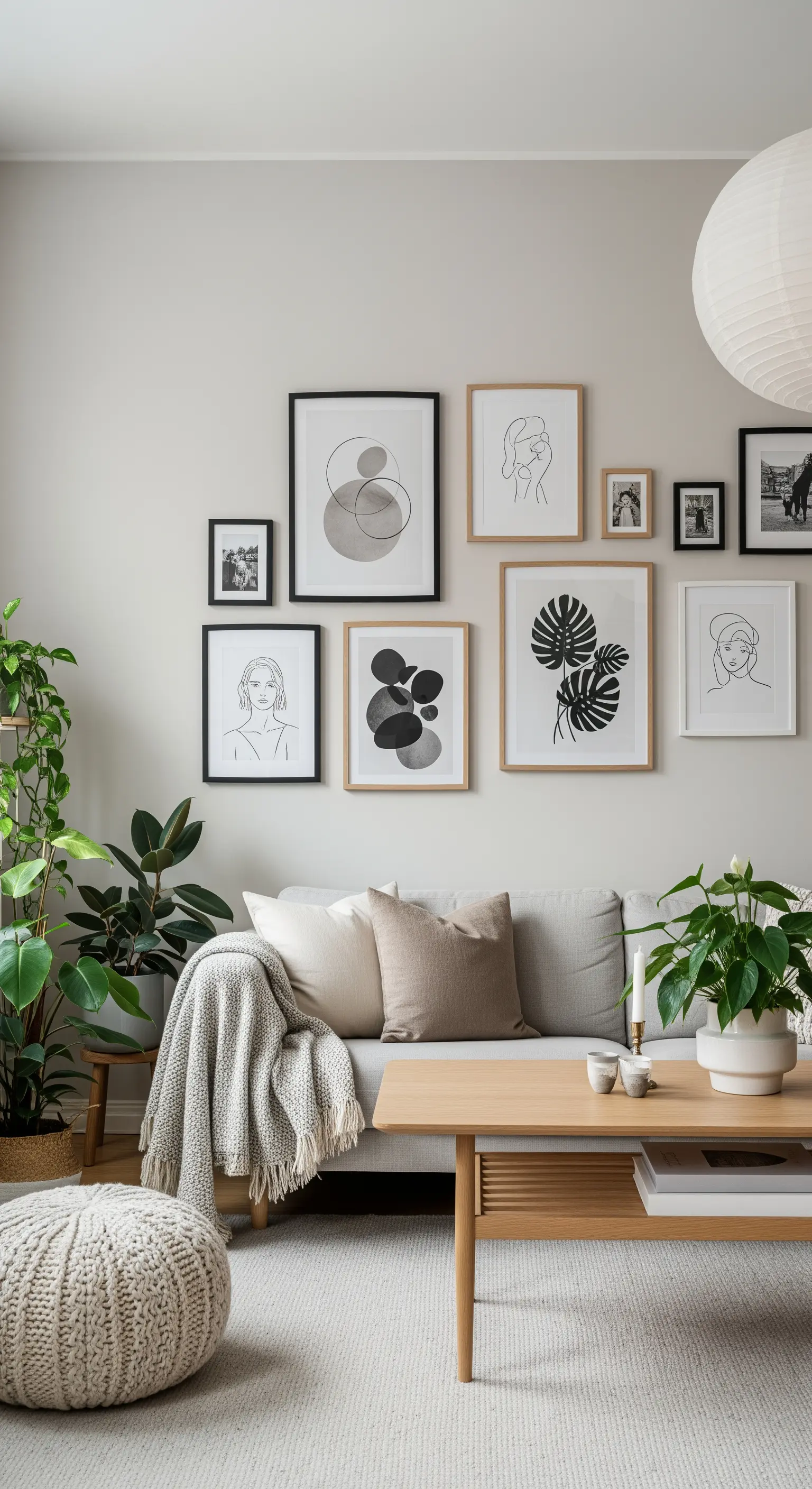 Eine helle, skandinavische Wohnzimmerwand mit einer Mischung aus Line-Art und abstrakten Drucken.