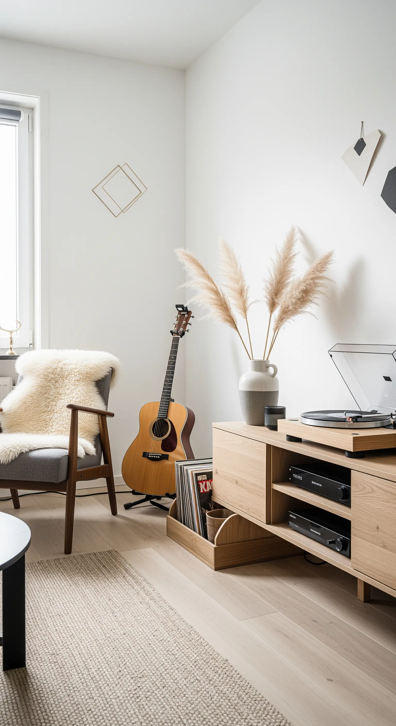 Minimalistische Musikecke im Skandi-Stil mit Gitarre und Pampasgras