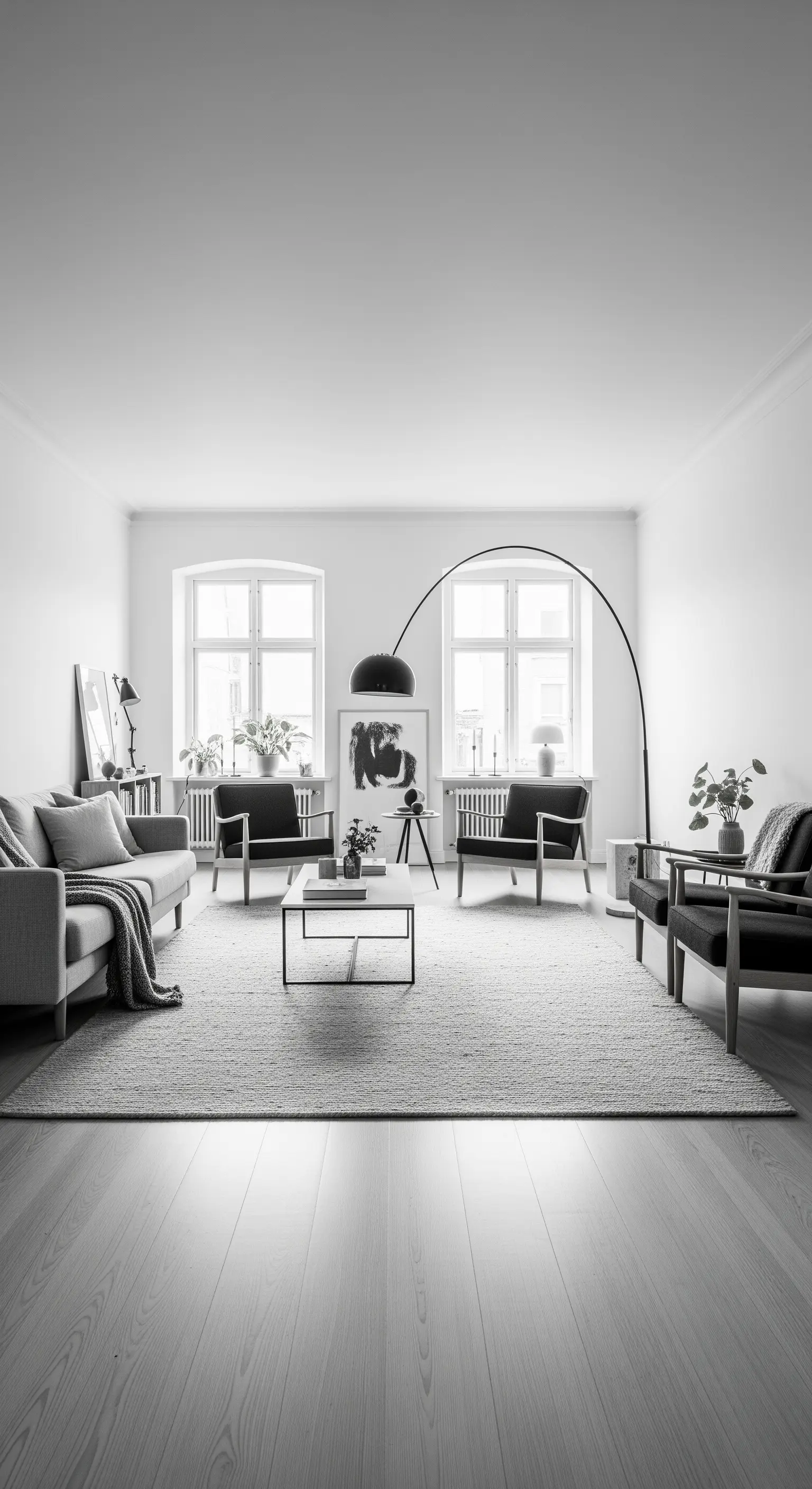 Schwarz-weißes skandinavisches Wohnzimmer mit hellem, texturiertem Teppich und Bogenlampe.