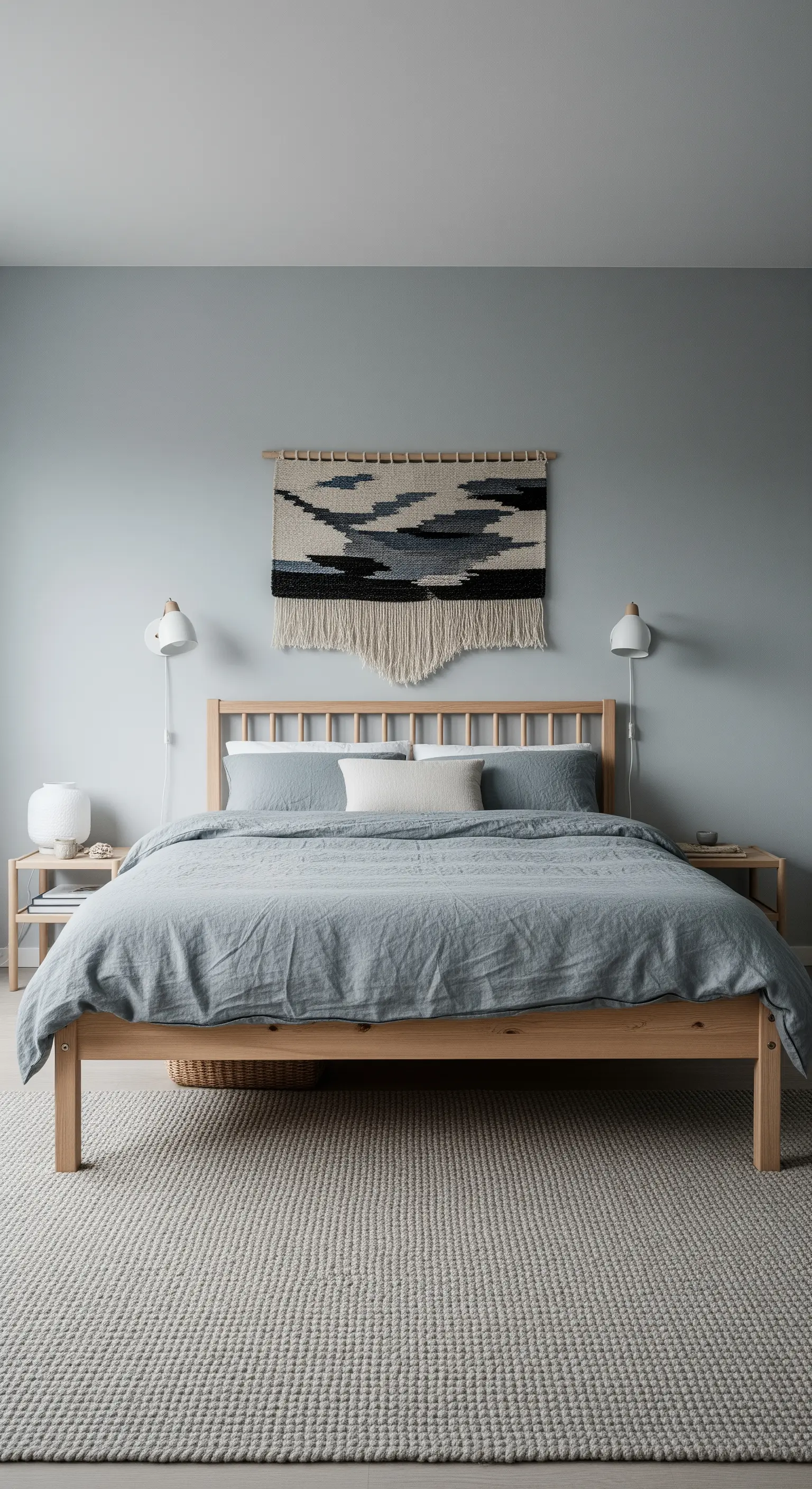Schlafzimmer mit blaugrauen Wänden, hellem Holz-Bett und abstraktem Wandteppich