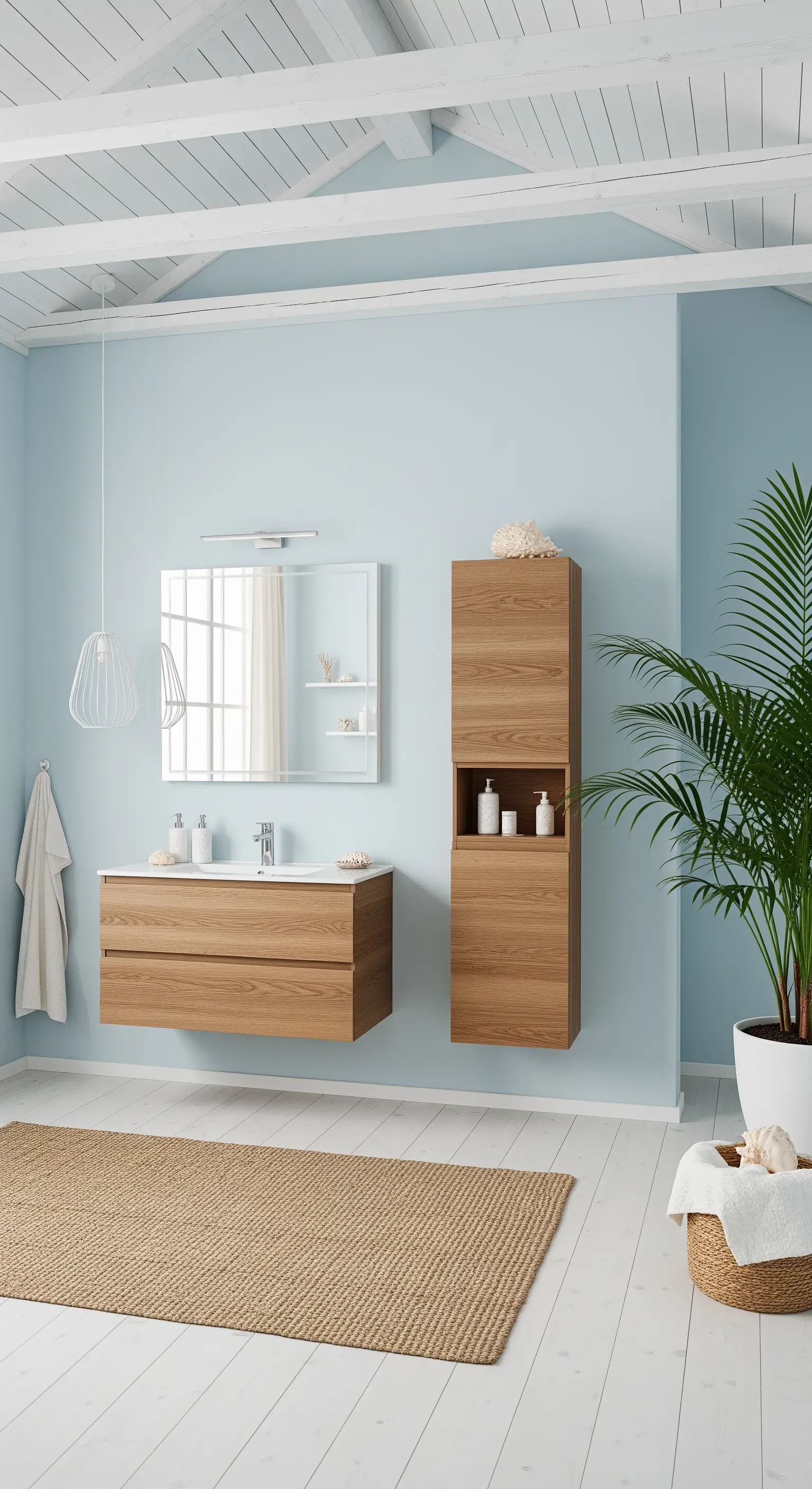 Skandinavisches Badezimmer mit hellem Holz, hellblauen Wänden, Jute-Teppich und Grünpflanze.