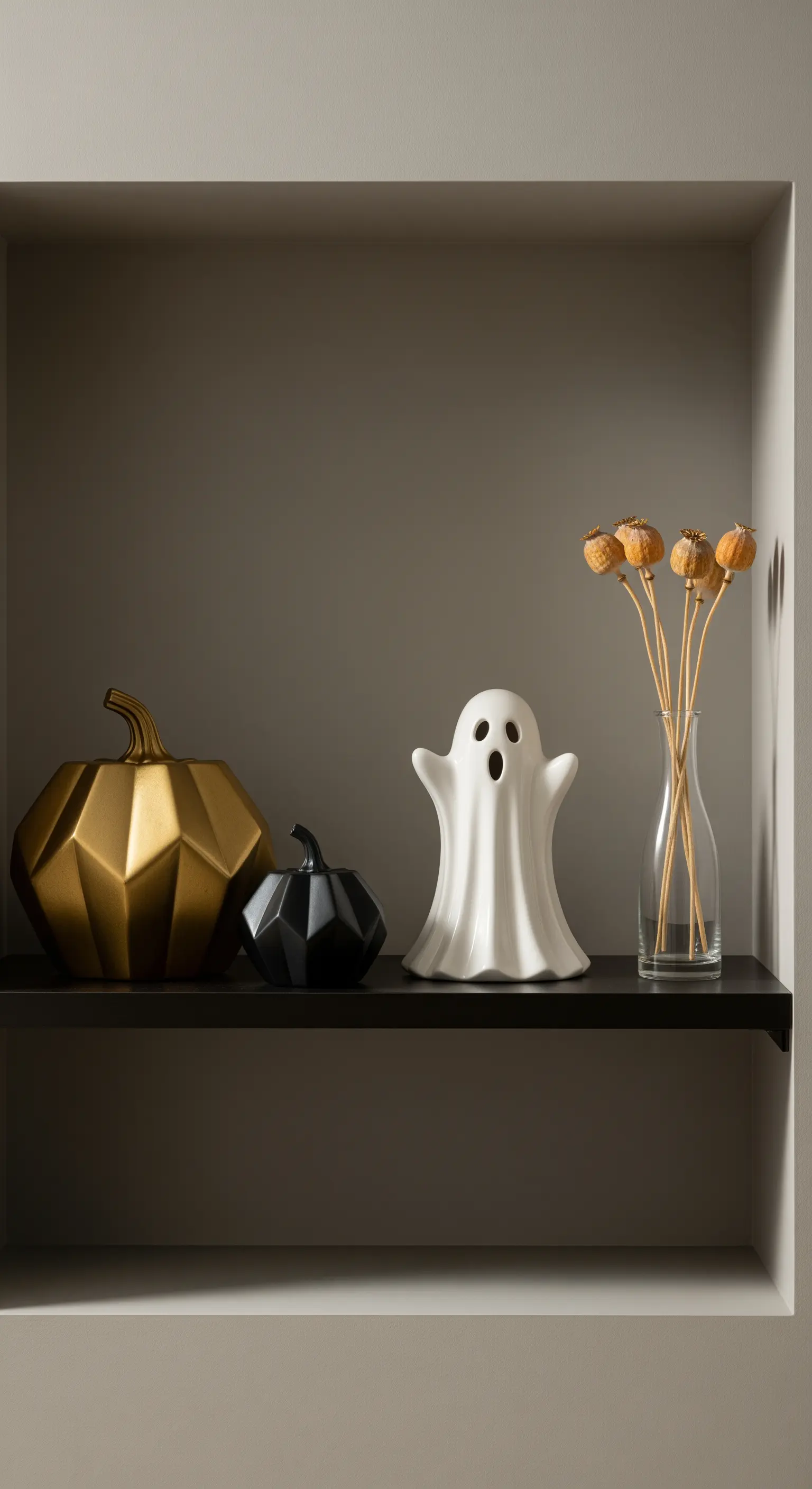 Minimalistische Halloween-Regaldeko mit geometrischen Kürbissen und weißem Geist.