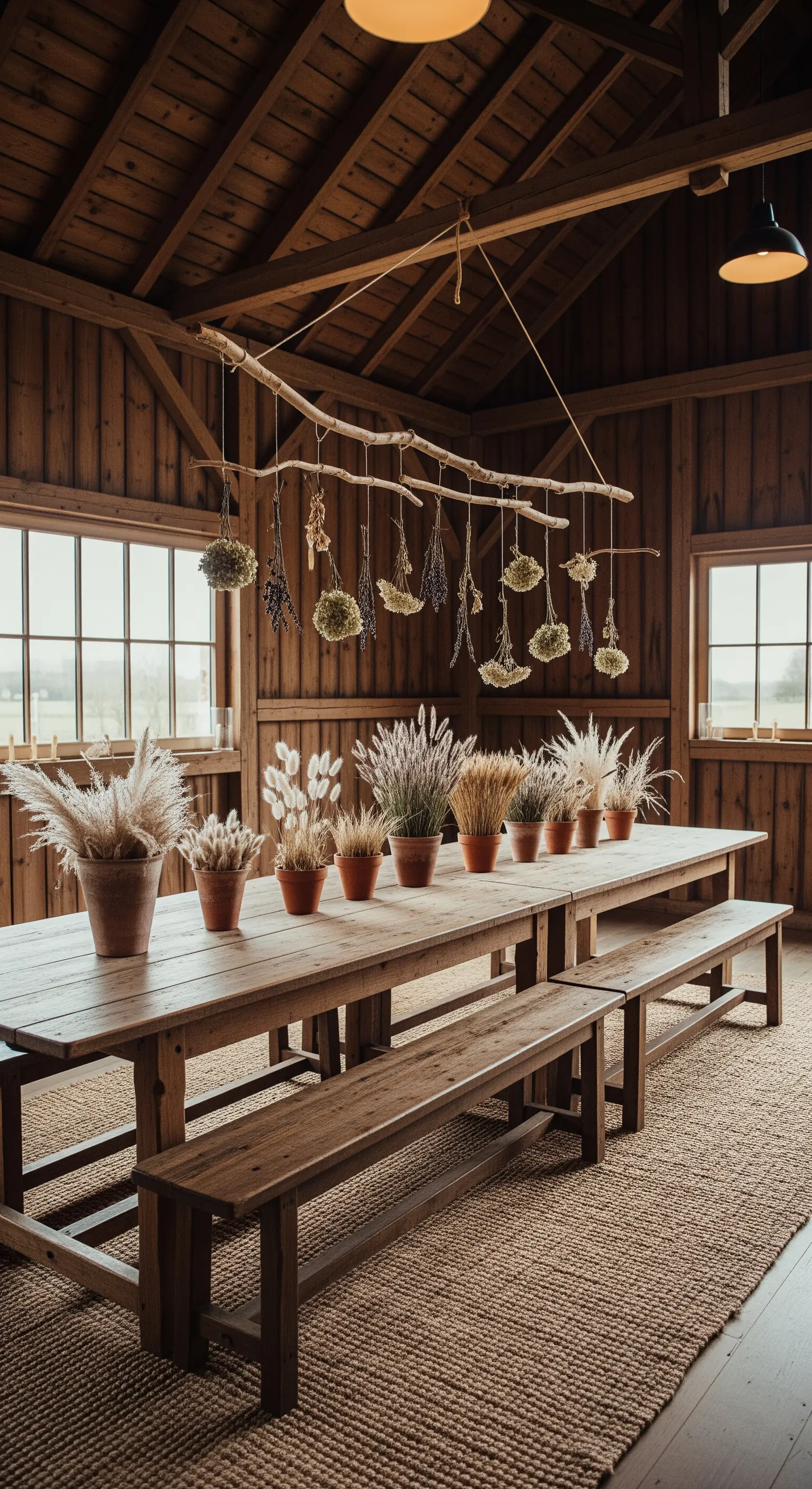 Lange Holztischreihe, Trockenblumen in Terrakottatöpfen, hängender Ast mit Kräutern für rustikale Herbst-Tafel.