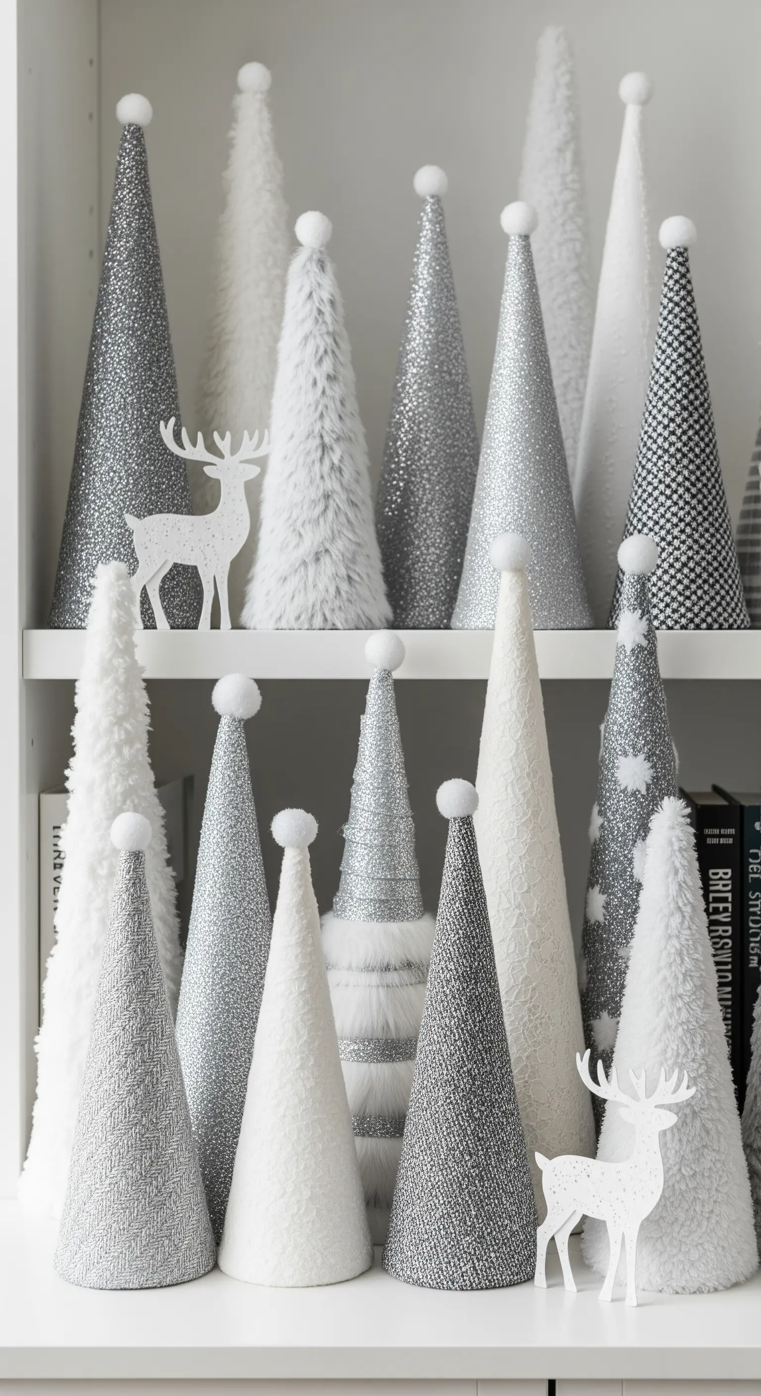 Regal mit konischen Bäumen aus Stoff/Papier in Weiß, Silber und Grau