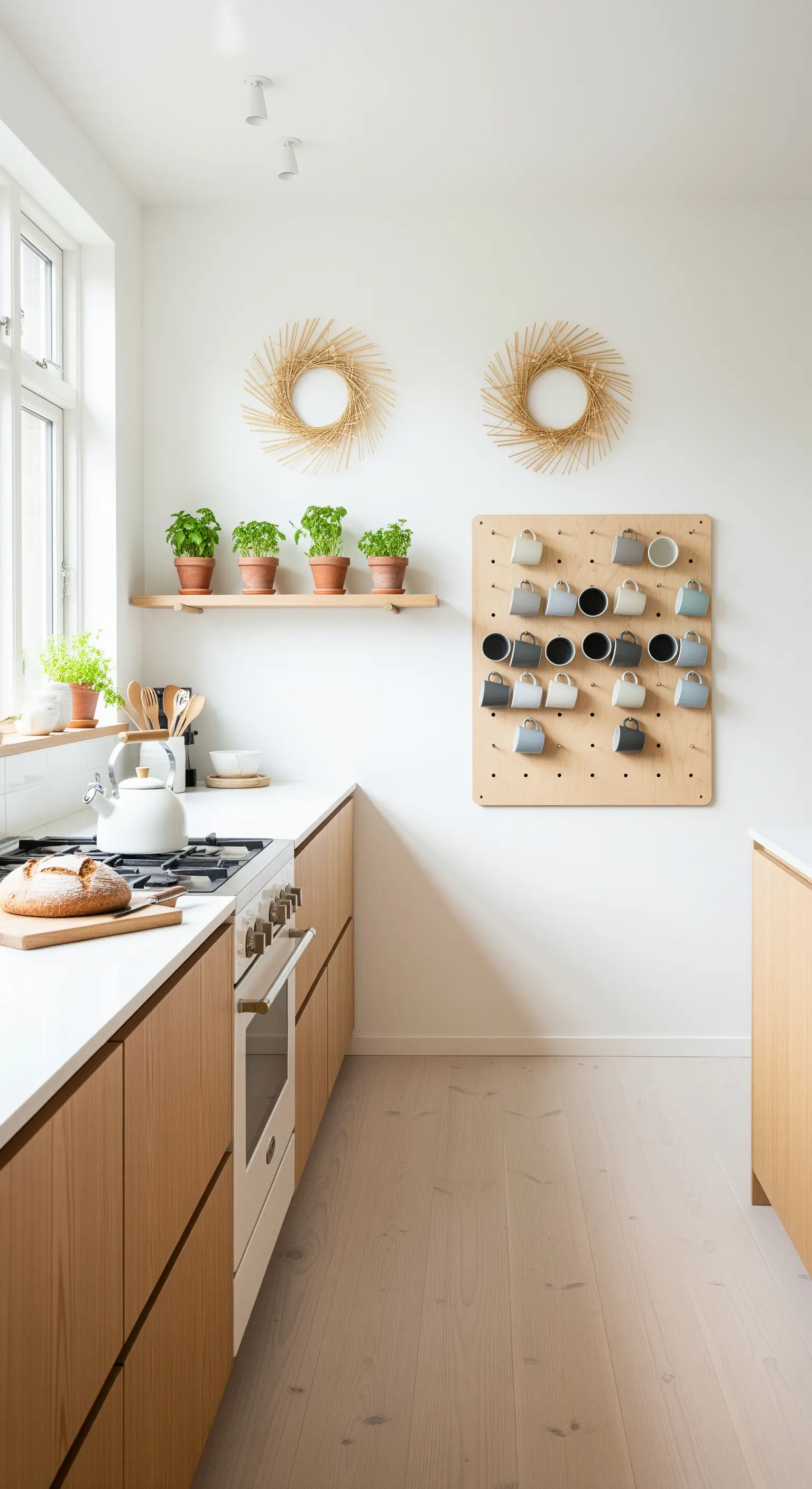 Minimalistische Küche mit hellen Holzelementen, runden Strohkränzen und Tassen-Steckboard