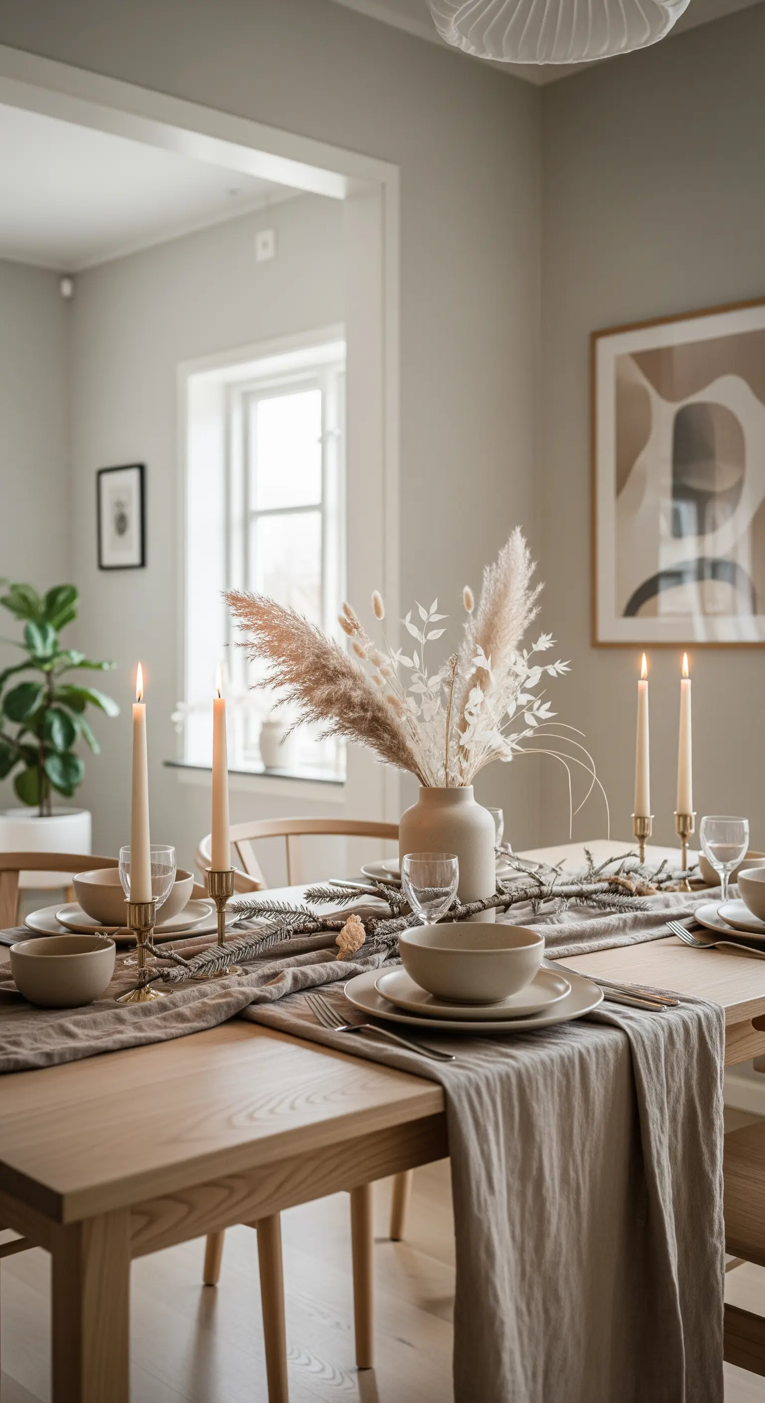 Esstisch mit beigefarbenem Läufer, getrockneten Blumen und Kerzen