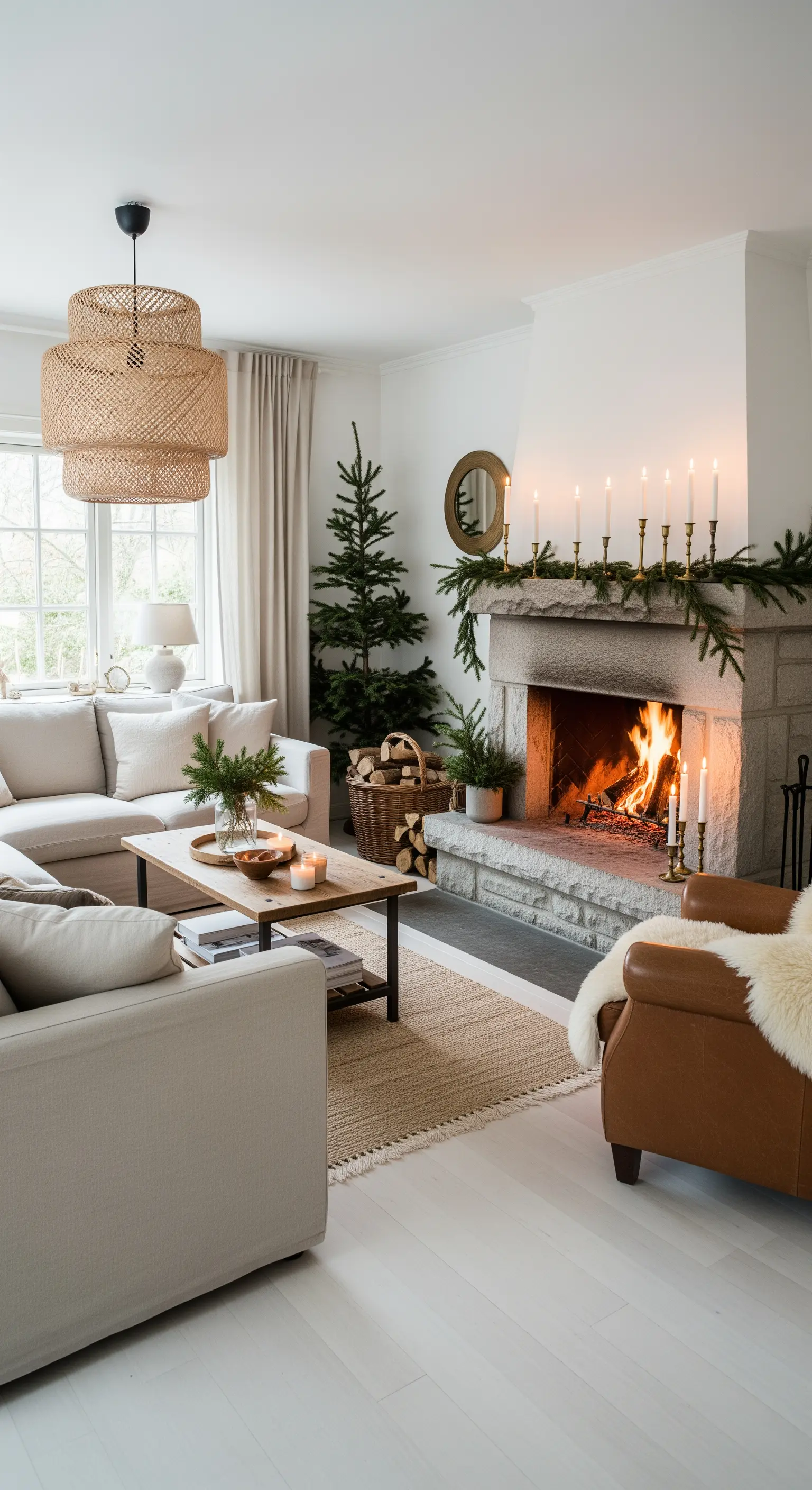 Heller Kamin mit Tannengirlande und weißen Stabkerzen im Skandi-Boho Stil