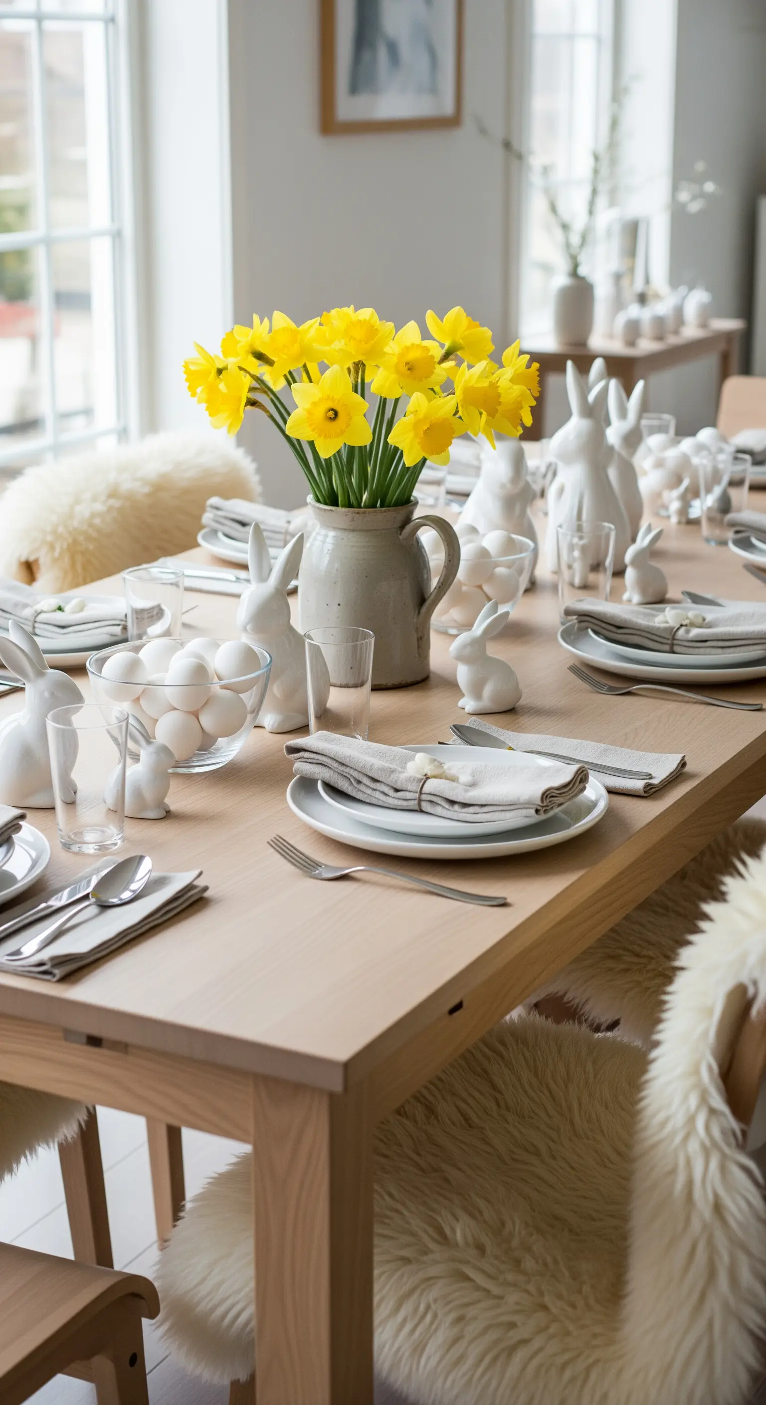 Skandinavische Ostertafel mit Narzissen, weißen Hasenfiguren und Holztisch