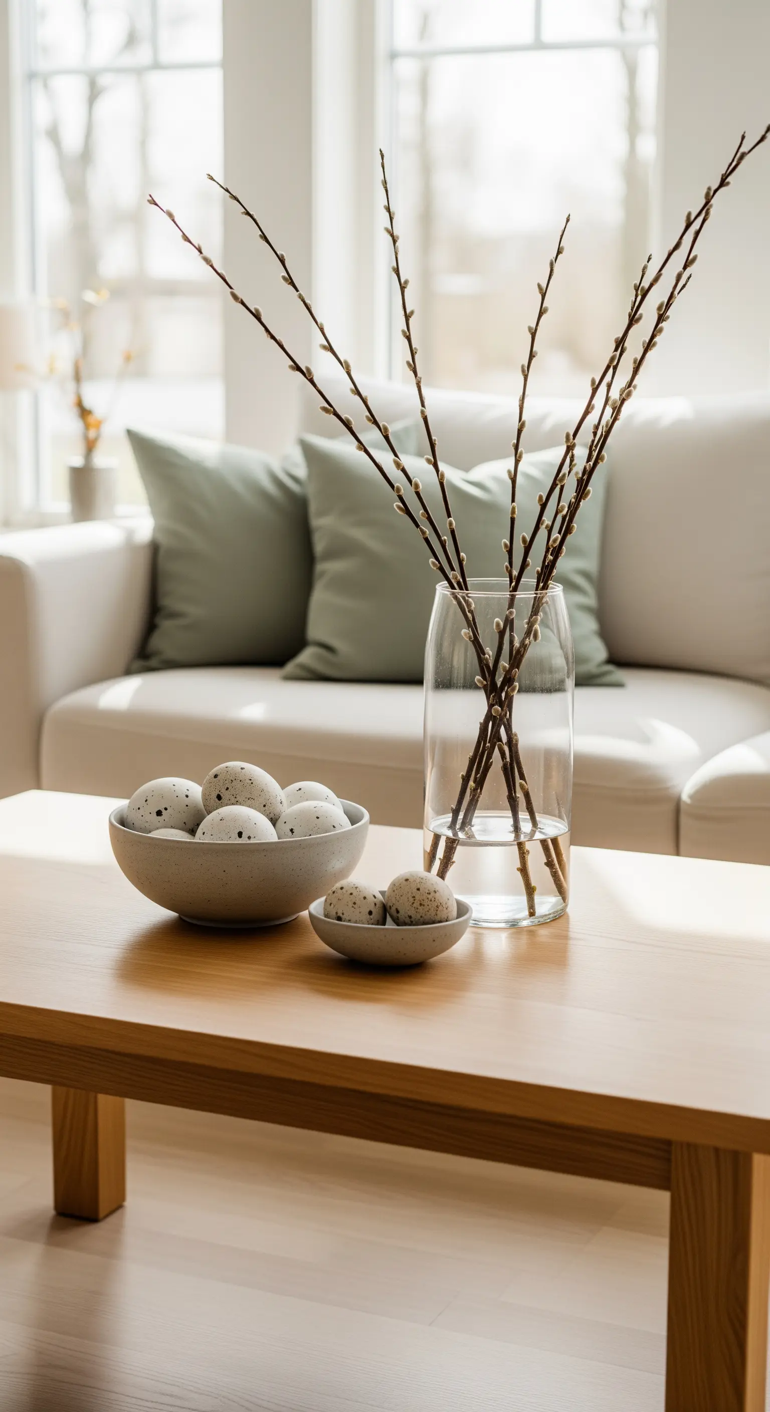 Minimalistischer Couchtisch mit Weidenzweigen und gesprenkelten Eiern