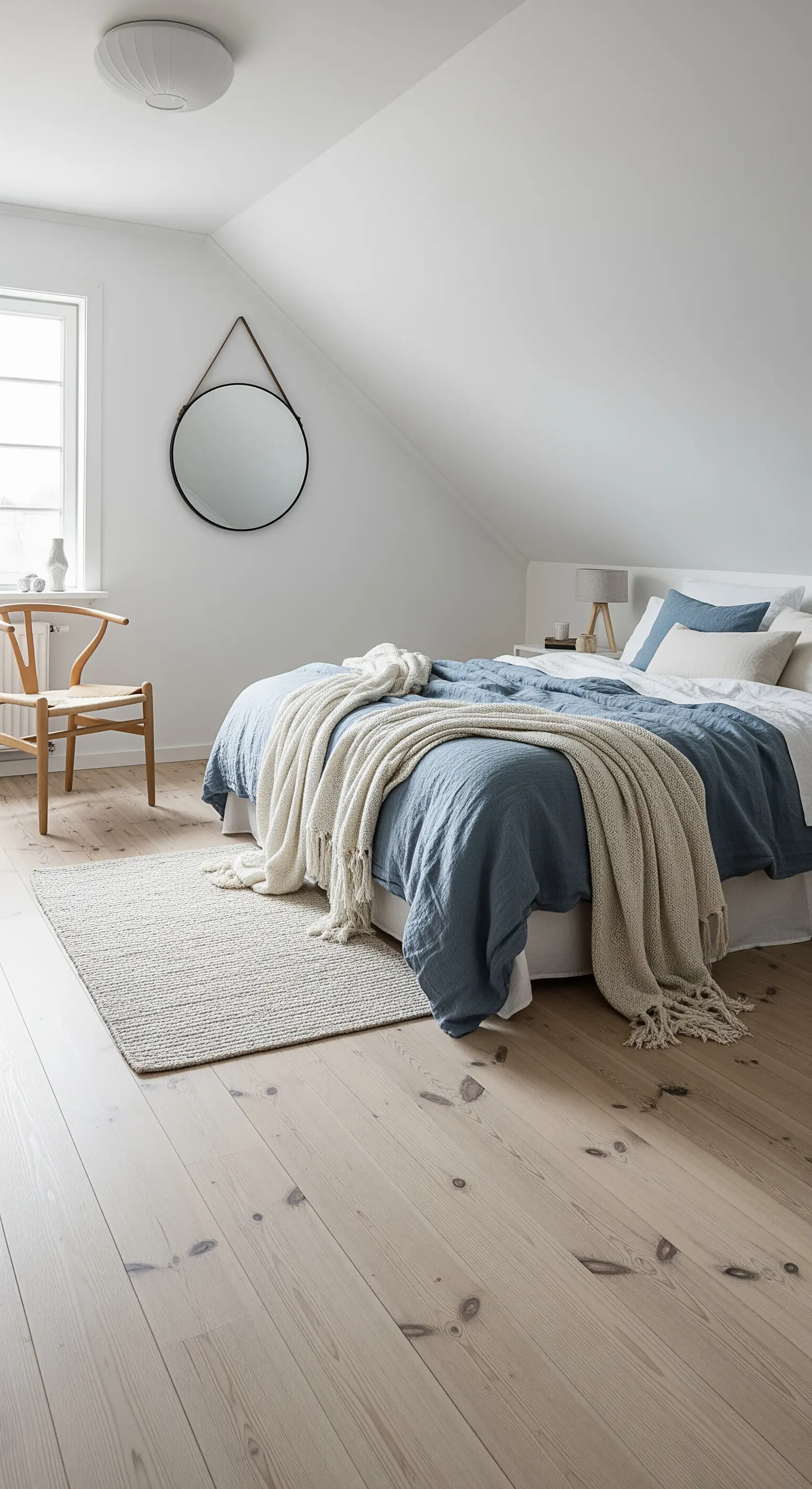 Skandinavisches Schlafzimmer mit blauer Leinenbettwäsche, hellem Holzboden und rundem Spiegel.