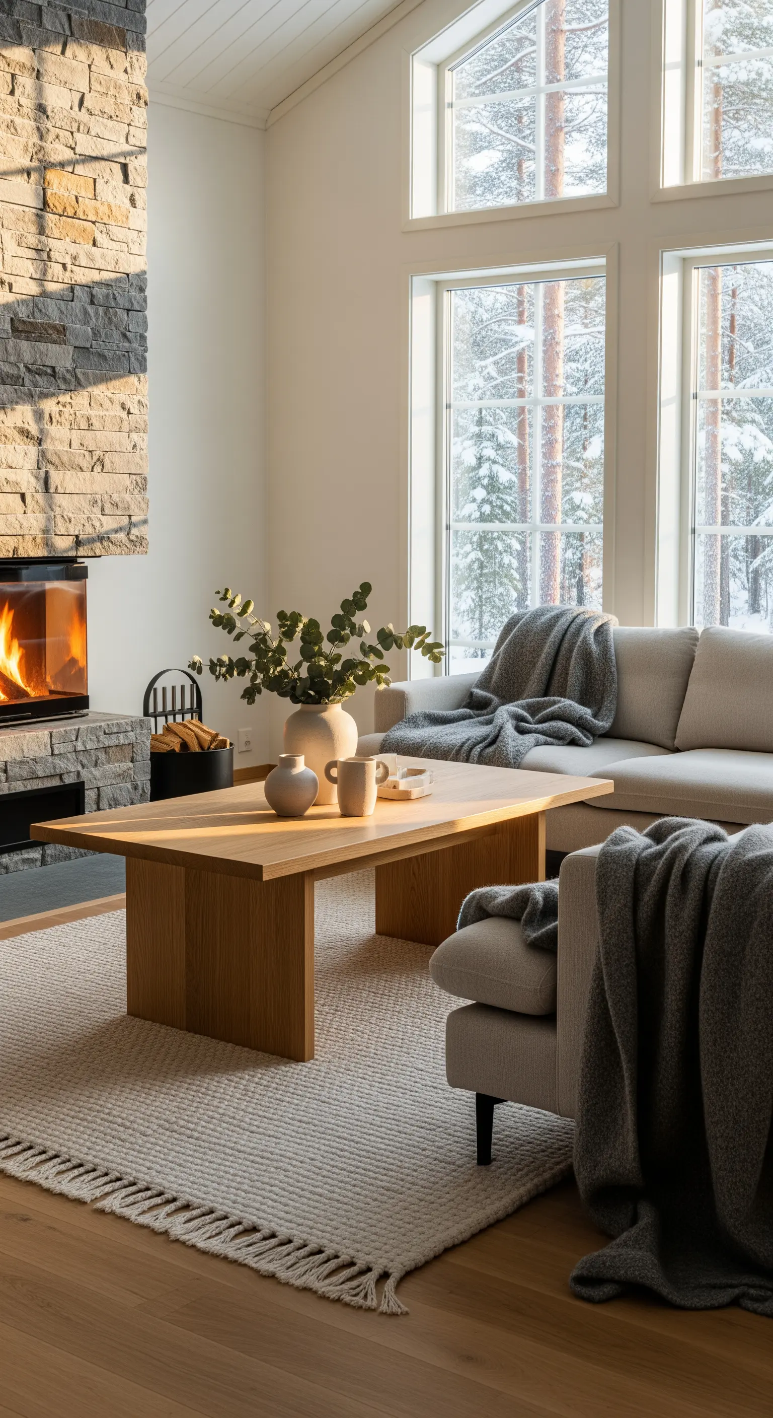 Moderner Wohnraum mit Kamin, Holztisch, beigem Teppich und großen Fenstern mit Schneeblick.