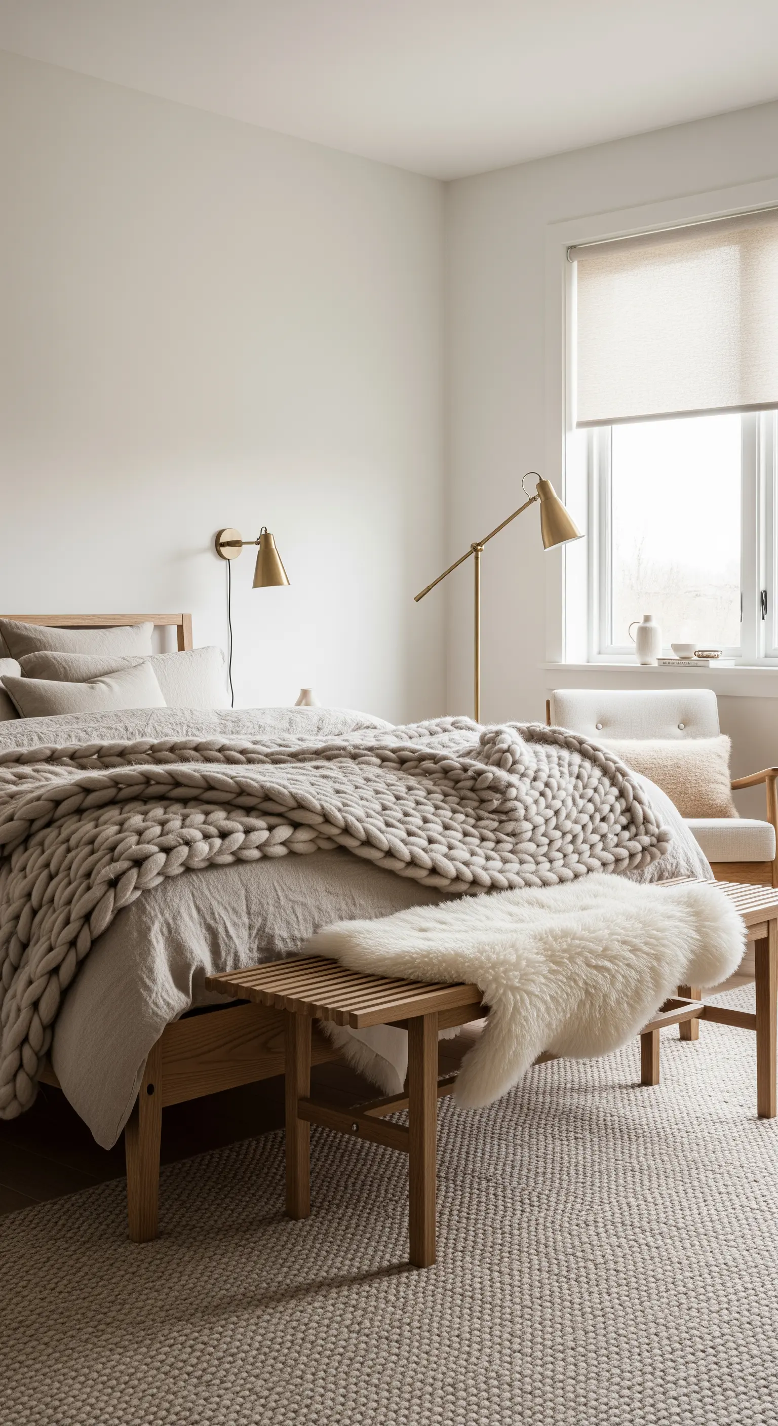 Skandinavisches Schlafzimmer mit Grobstrickdecke, Lammfell und Holzelementen.