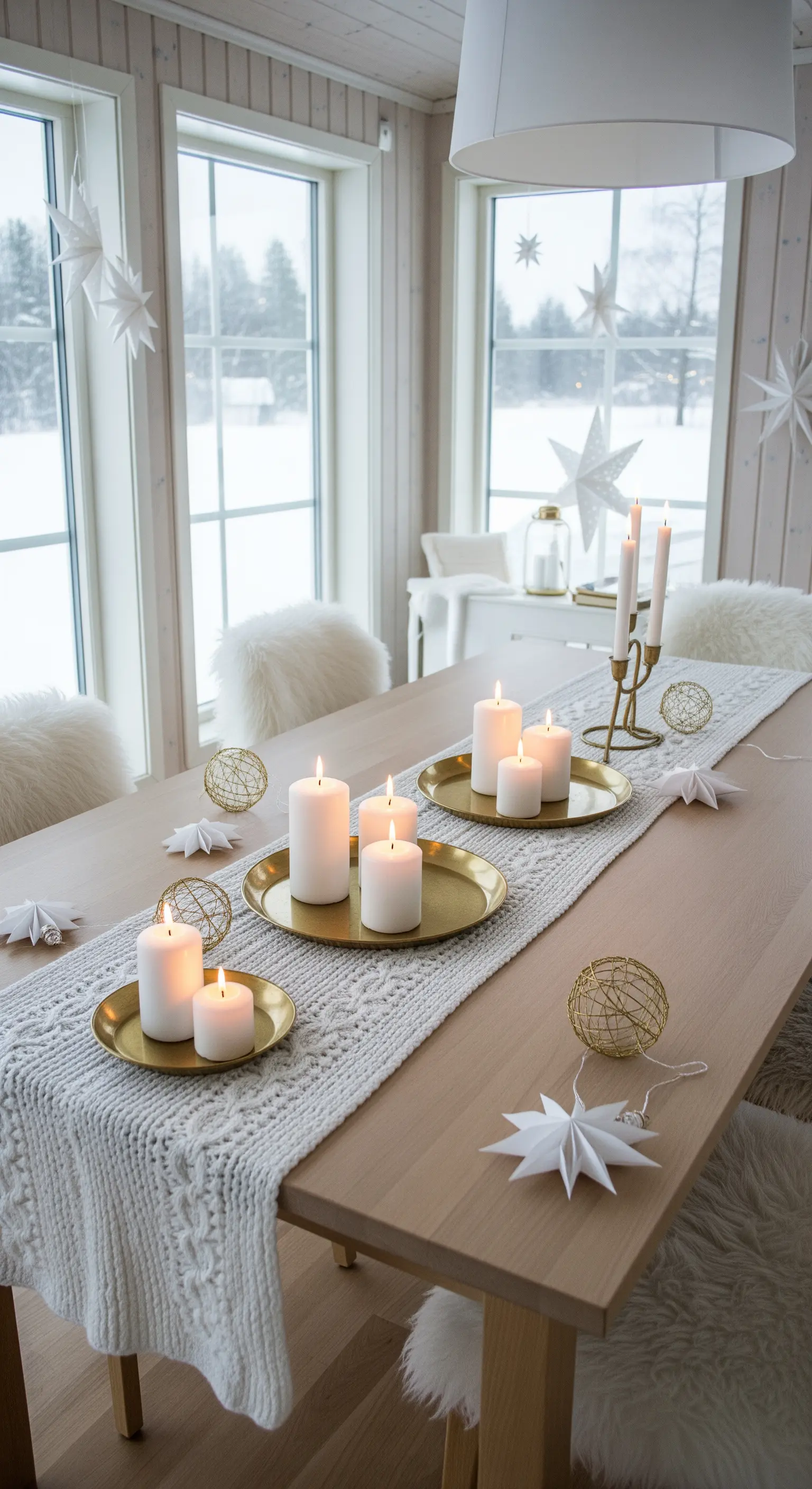 Skandinavische Weihnachtstischdeko mit Strickläufer, Goldkerzentabletts und Papiersternen