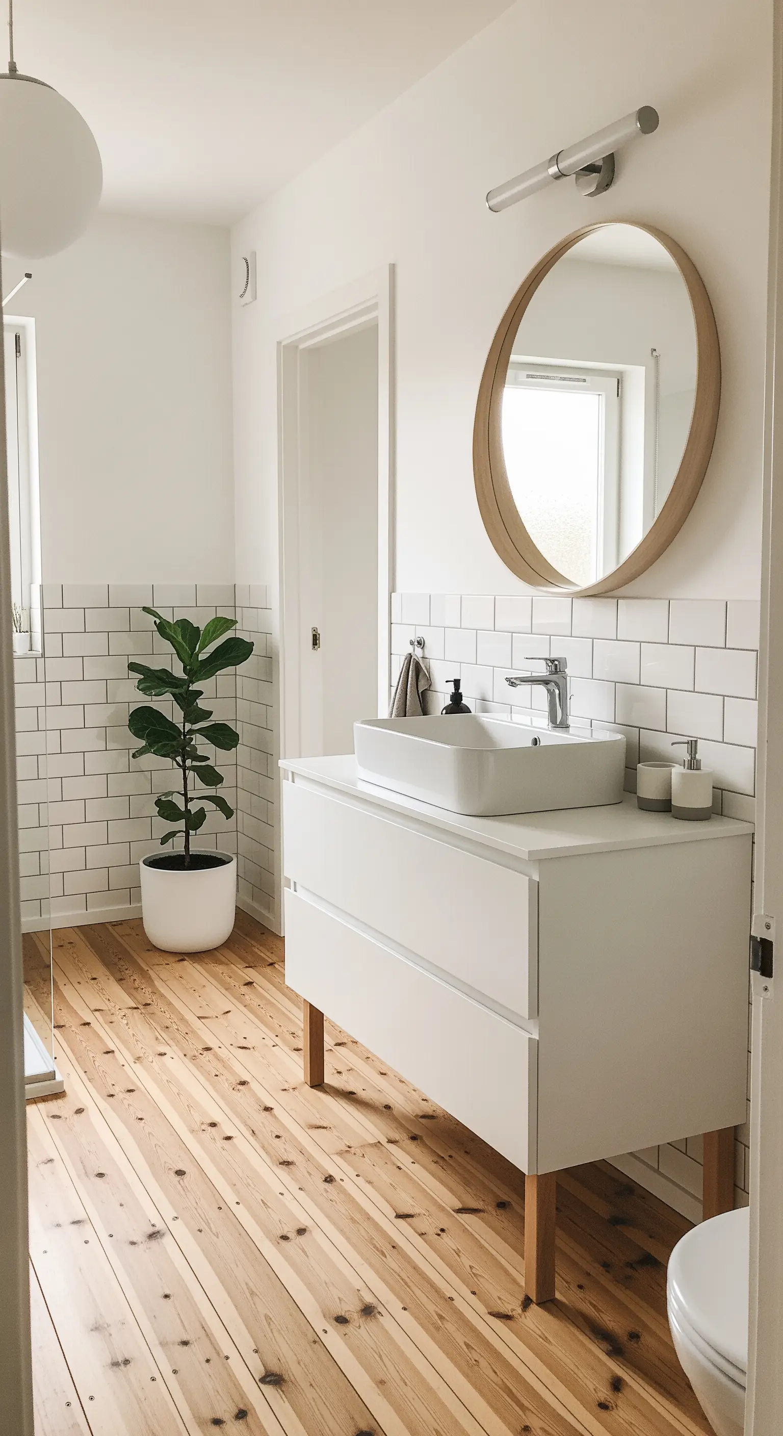 Skandinavisches Badezimmer mit Holzboden, weißen Metrofliesen und einer Feigenpflanze.