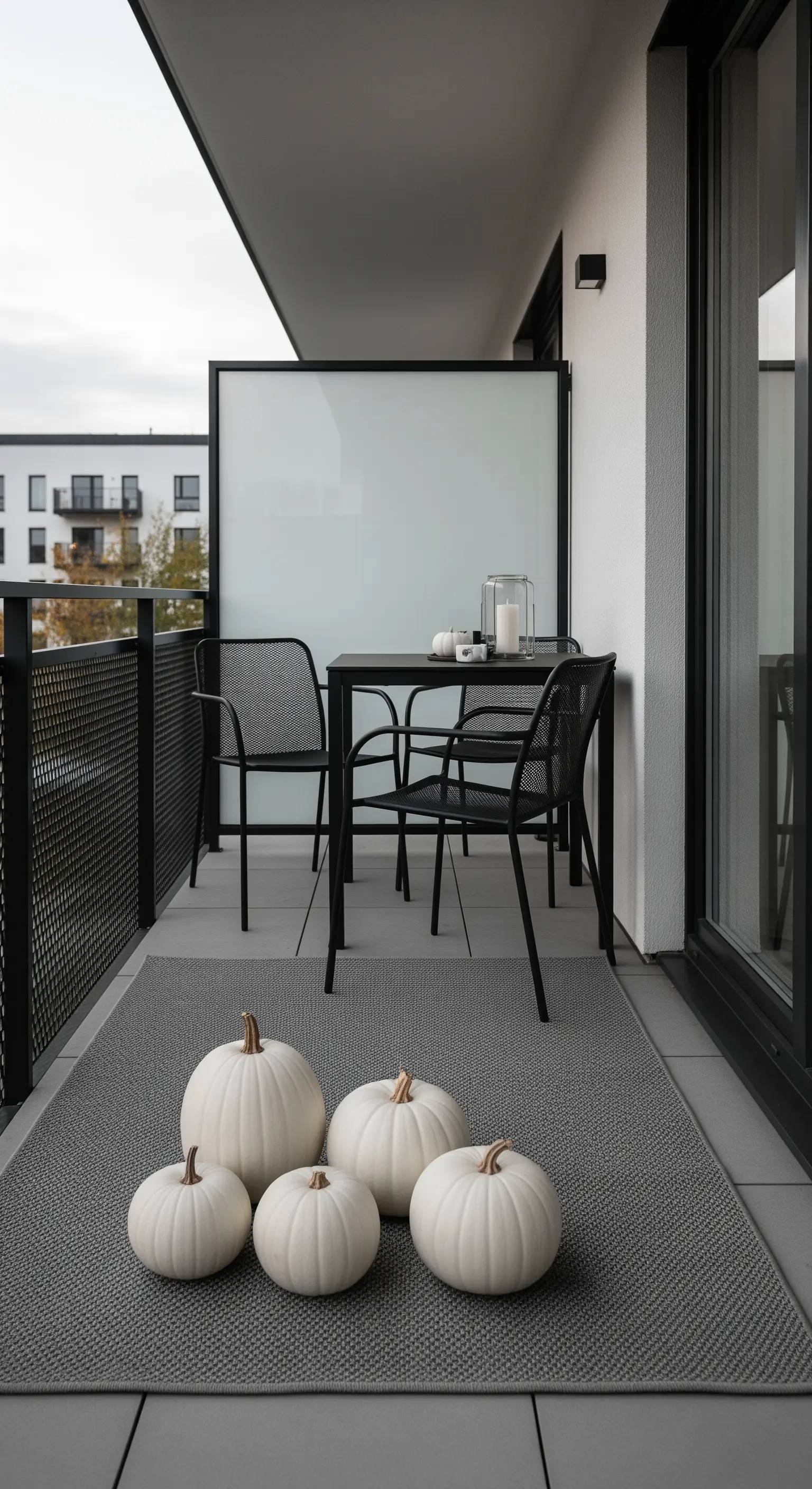 Minimalistischer Balkon mit grauem Teppich und weißen Kürbissen