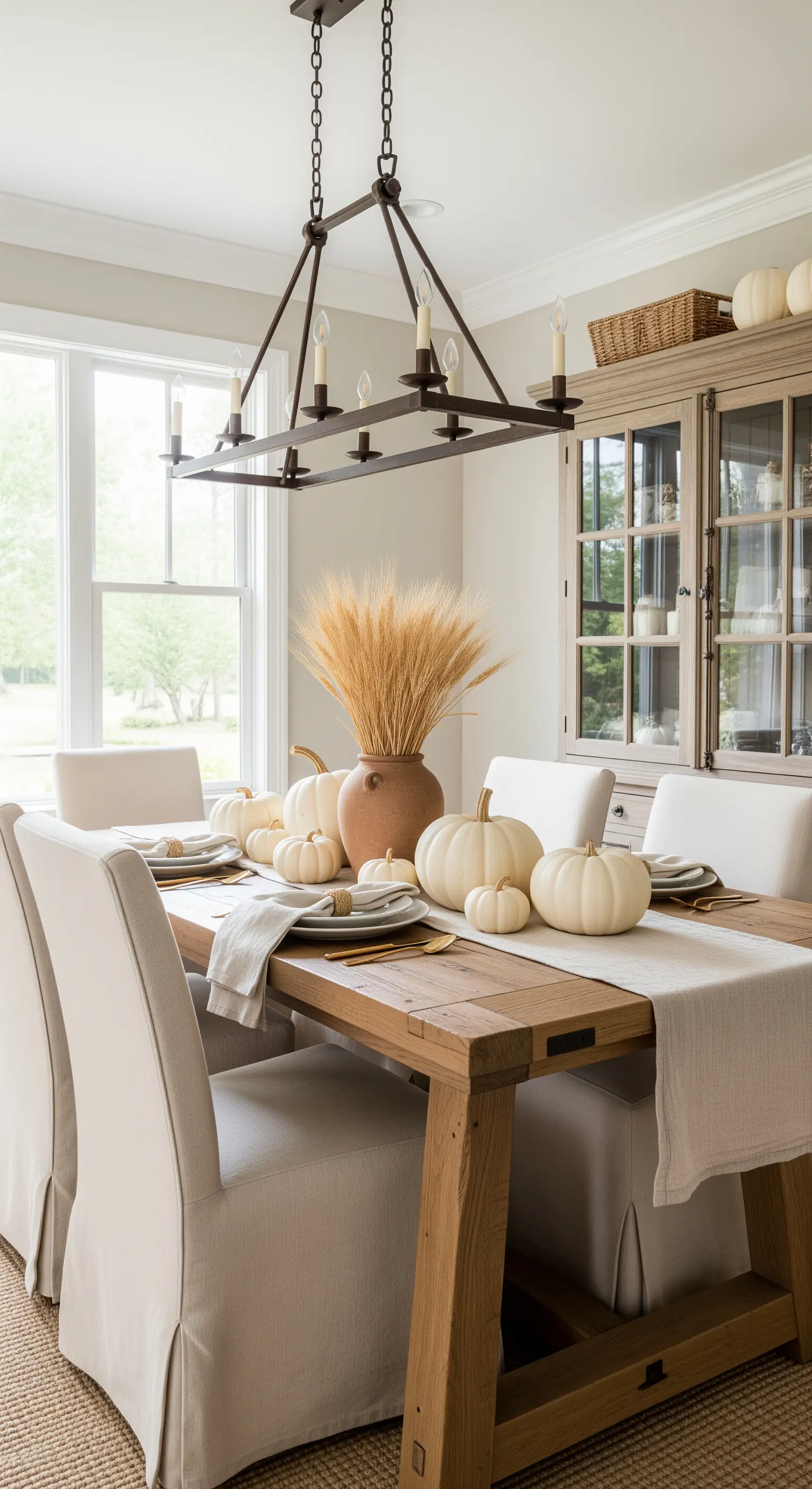 Esstisch, weiße Kürbisse, Weizendeko, skandinavischer Herbst